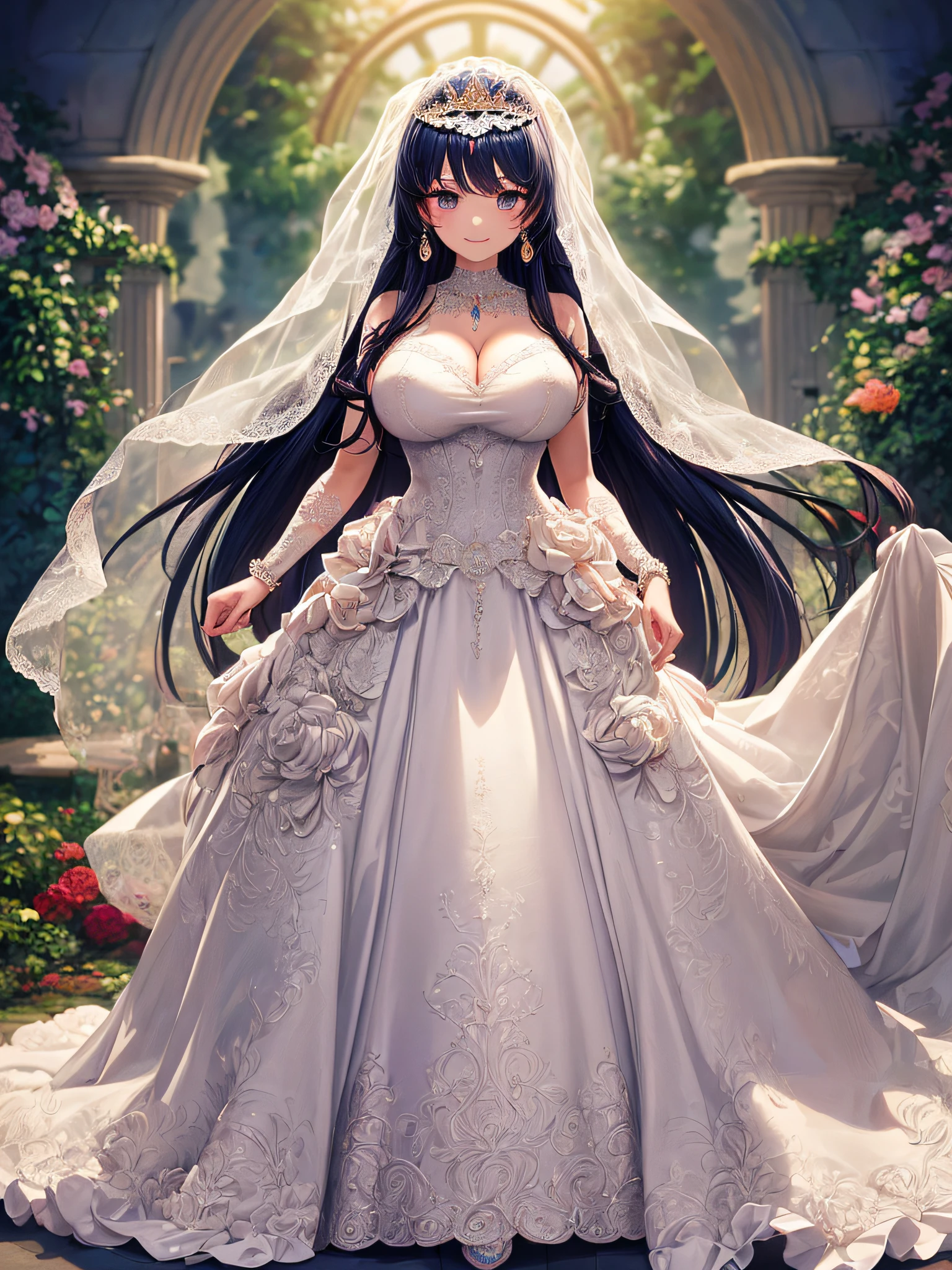 (masterpiece, best quality,extremely detailed,moe anime art style:1.2),1girl, (solo), cute, kawaii,digital art,((1 anime princess wearing beautiful embroidery and jeweled gorgeous wedding dress with voluminous full length hoop skirt)),crinoline,((voluminous frills)),gorgeous embroidery and beautiful lace,(very gigantic boobs,cleavage,skindentation),((shiny hair,absurdly voluminous straight hair,absurdly Long Hair)),(finely detailed face and eye),smile,extremely gorgeousfull jeweled tiara,((bling-bling gorgeous gemstone jewelry)),long wedding veil,((standing in beautiful garden)),flowers,flower petals flowing,((beautiful embroidery and jeweled gorgeous wedding dress with voluminous full length hoop skirt))