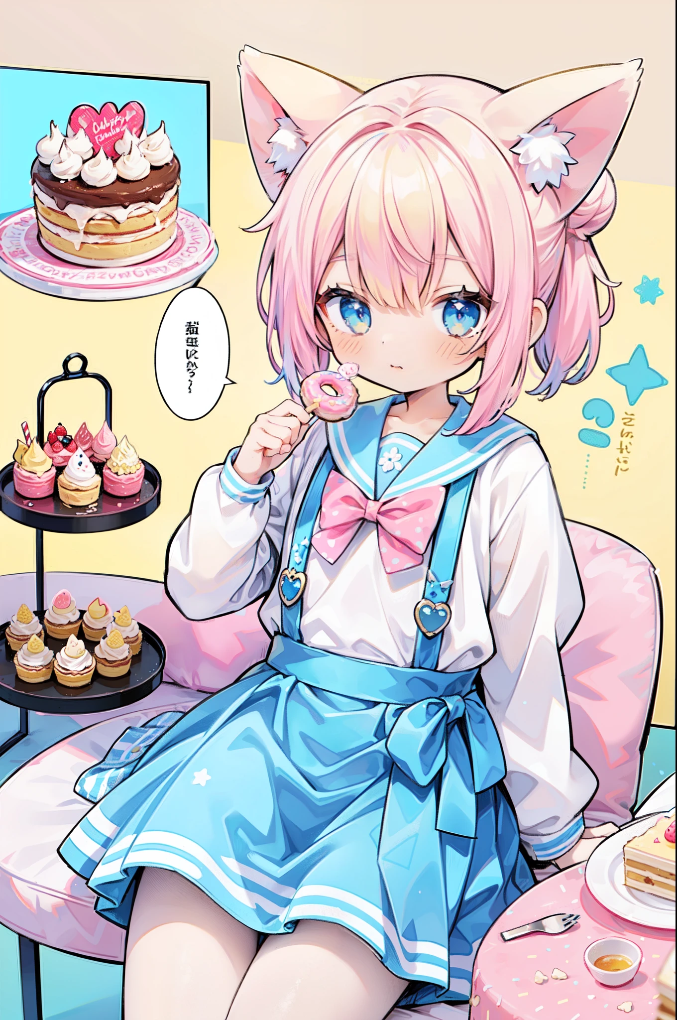 1girl in, ((comic strip))、(Multiple texts)、(Voice bubbles)、Pastel muted colors, eating cakes、a cake、(The color palette is yellow:1.2, Blue:1.2, Pink:1.2), (Blue hair bun and blonde), Short Fashion Skirt, Sitting on a throne made of sweets and pastries, For example, donut, sprinkle, candy, lollipop, candy cane, a cake, cupcake, Cake Pop, Ruffles and lace, polka dot, Long bat ears