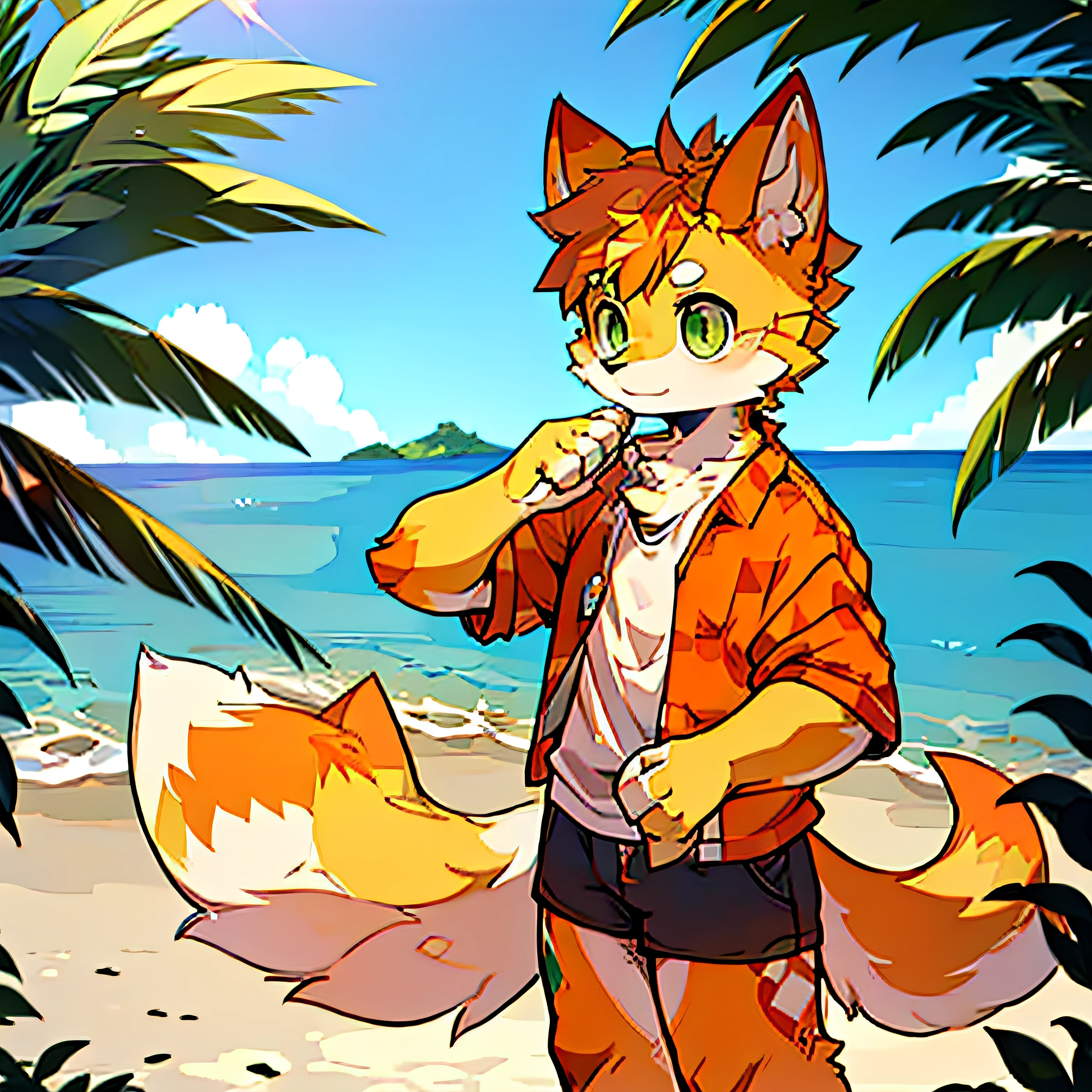 fox boy,Ocean,Red collar,Large high rise apartment building, 8K resolution,high resolution,最high resolution,Sandbox