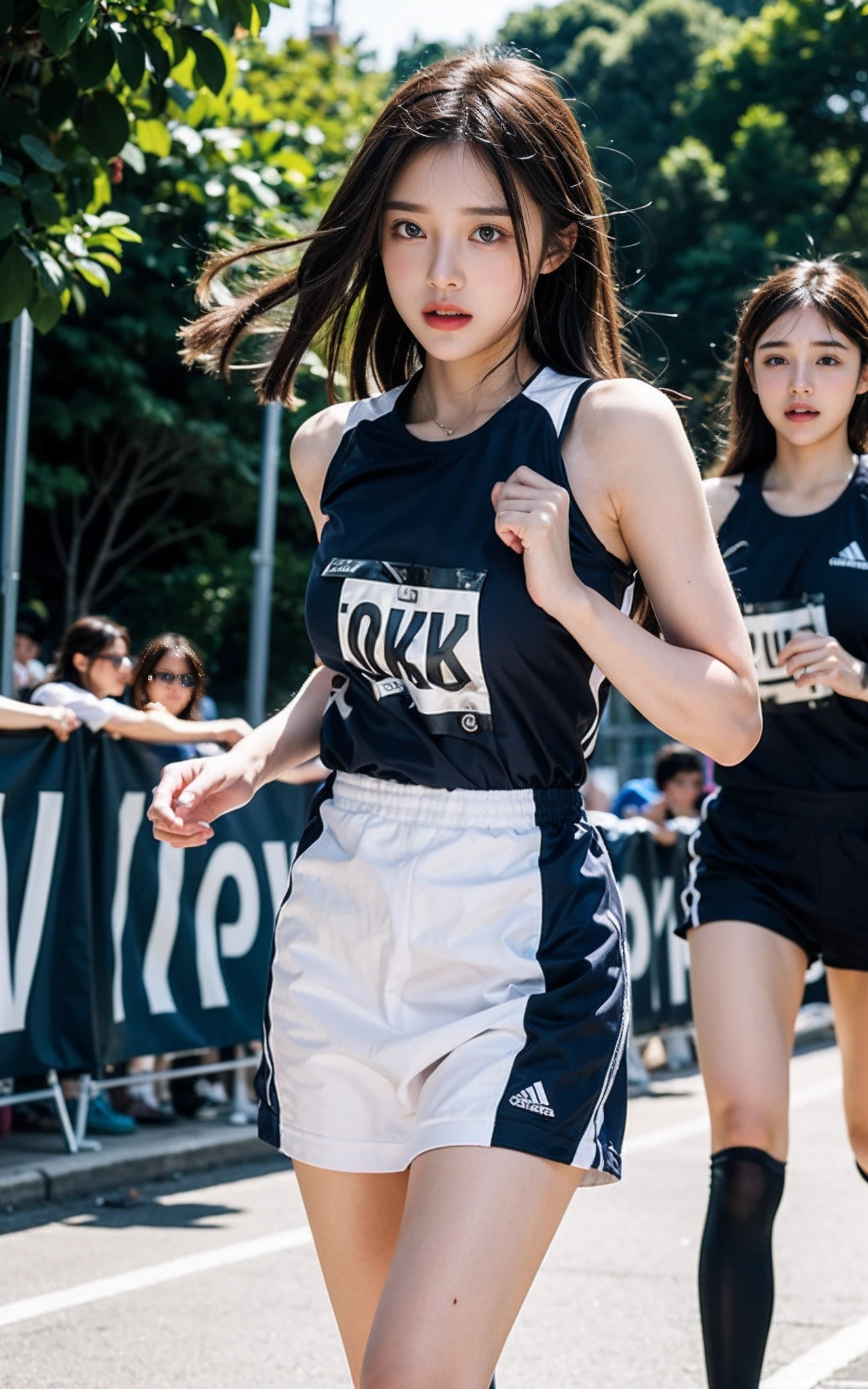 Extremely detailed Cg Unity 8K wallpaper, Best quality, Ultra-detailed, Masterpiece, Realistic, photograph realistic, extremely detailed cute girl, 25 age old, (Wear a track and field uniform), (Race bib), Blush ,  Semi-body shot , dress room  ,