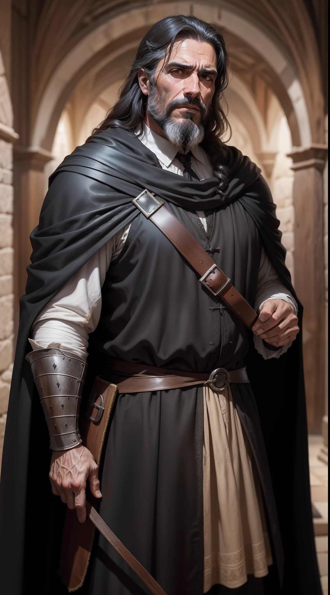 Nicolao de Ferreira, medieval messenger, wearing a medieval black cloak, age of 42, wrinkle, man, male, old, black hair, with black beard, weathered face, worried face, Could not bear heart to say something, afraid, unsure, conservative, 15th century, renaissance, age of exploration