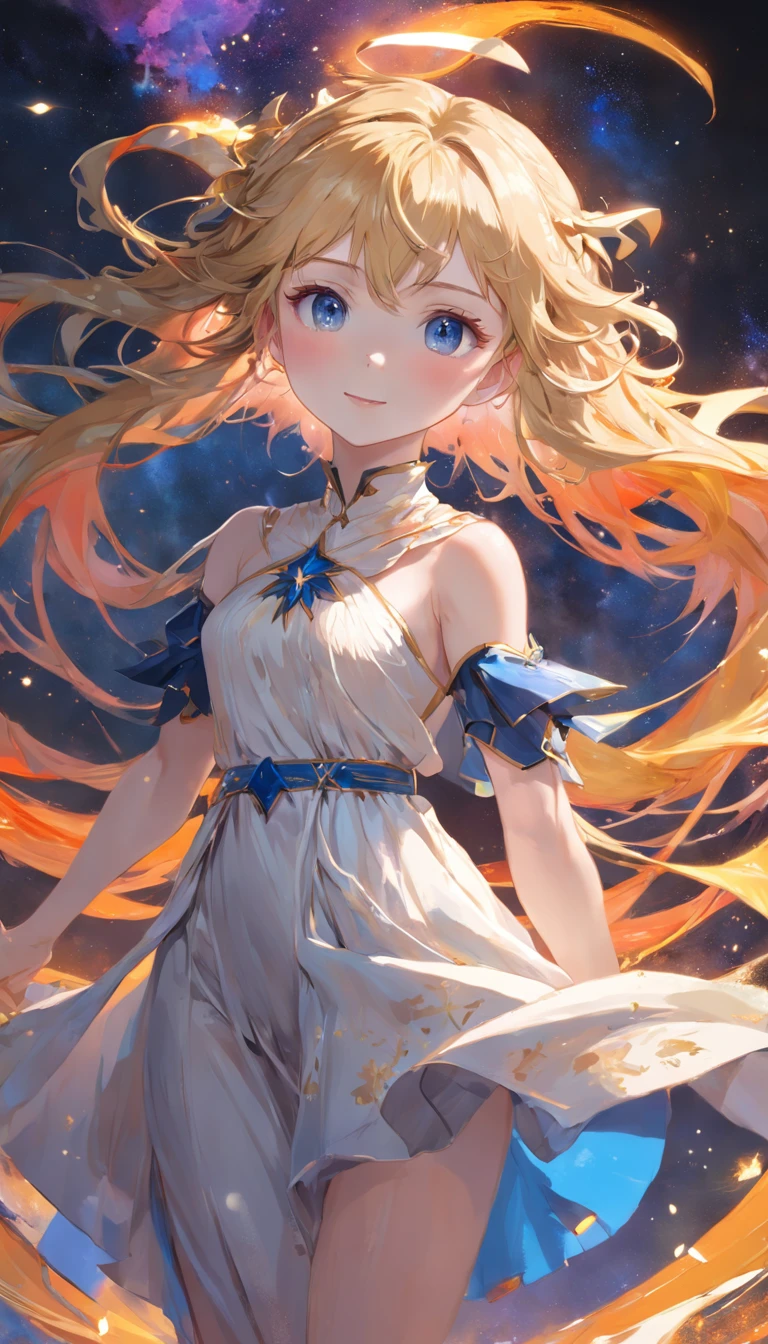 (Dynamic angle:1.4), ((Full body posing:1.5), (colorful:1.2), (extremely detailed CG unity 16k wallpaper:1.1), (Denoising strength: 1.45), (tmasterpiece:1.37), ((official art)), fullbody, ultra-detailed, solo:1.3, 1GIRL, HCG, white dress, golden hair, blue eyes, starlight, oil Painting, whitecloth with oil painting, delicate_features, pretty_face, smiling, pure, lovely, looking at viewer, dark intense shadows, sharp focus, studio lighting, theatrical point of view, impressionism, chromatic aberration, best quality, (masterpiece:1.3)