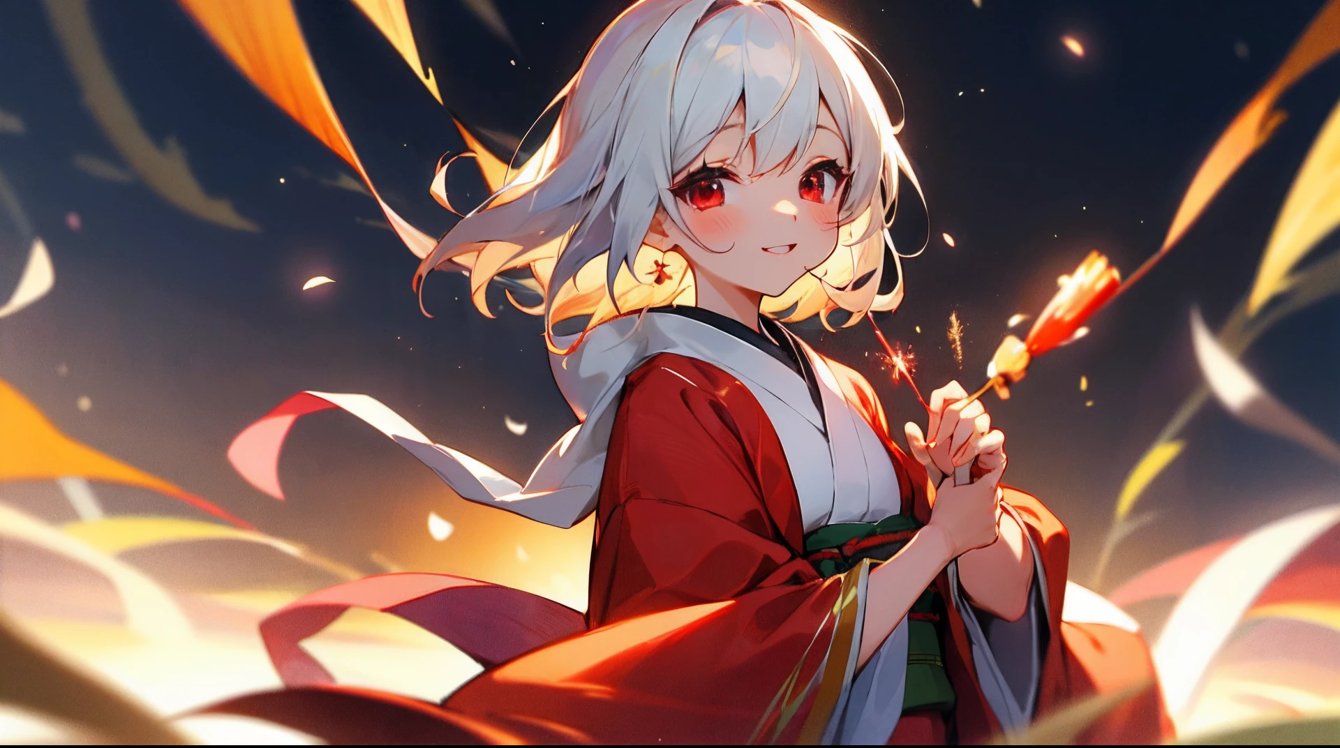 fireworks at background、kawaii girl、White gorgeous kimono、japanes、hair is long and white,、Red eyes、a smile