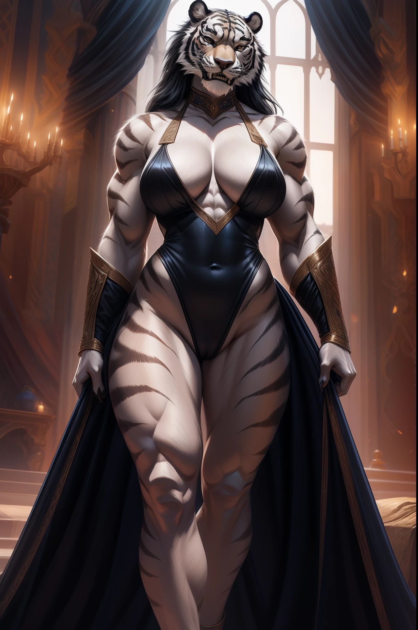 (realistic, high-quality) mature woman transformed into anthropomorphic white tiger. clad in a high cut black leotard that shows off her muscular, toned, hourglass body, along with sexy hips and large bust. she has flowing long black hair. baring both sharp teeth and claws to add to her fierce appearance. the perfect ballance between beauty and beast.