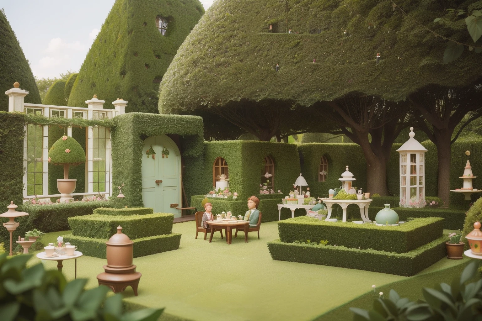 Within a sprawling Wes Anderson garden, a topiary maze of towering hedges conceals a whimsical tea party, with tiny characters in the distance sipping tea and nibbling on miniature pastries.