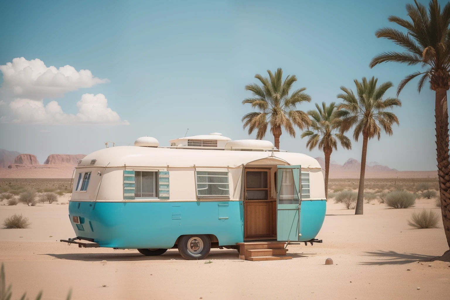 In a Wes Anderson desert, a symmetrical oasis with palm trees and a vintage caravan is a sanctuary for tiny wanderers in the distance seeking refuge from the scorching sun.
