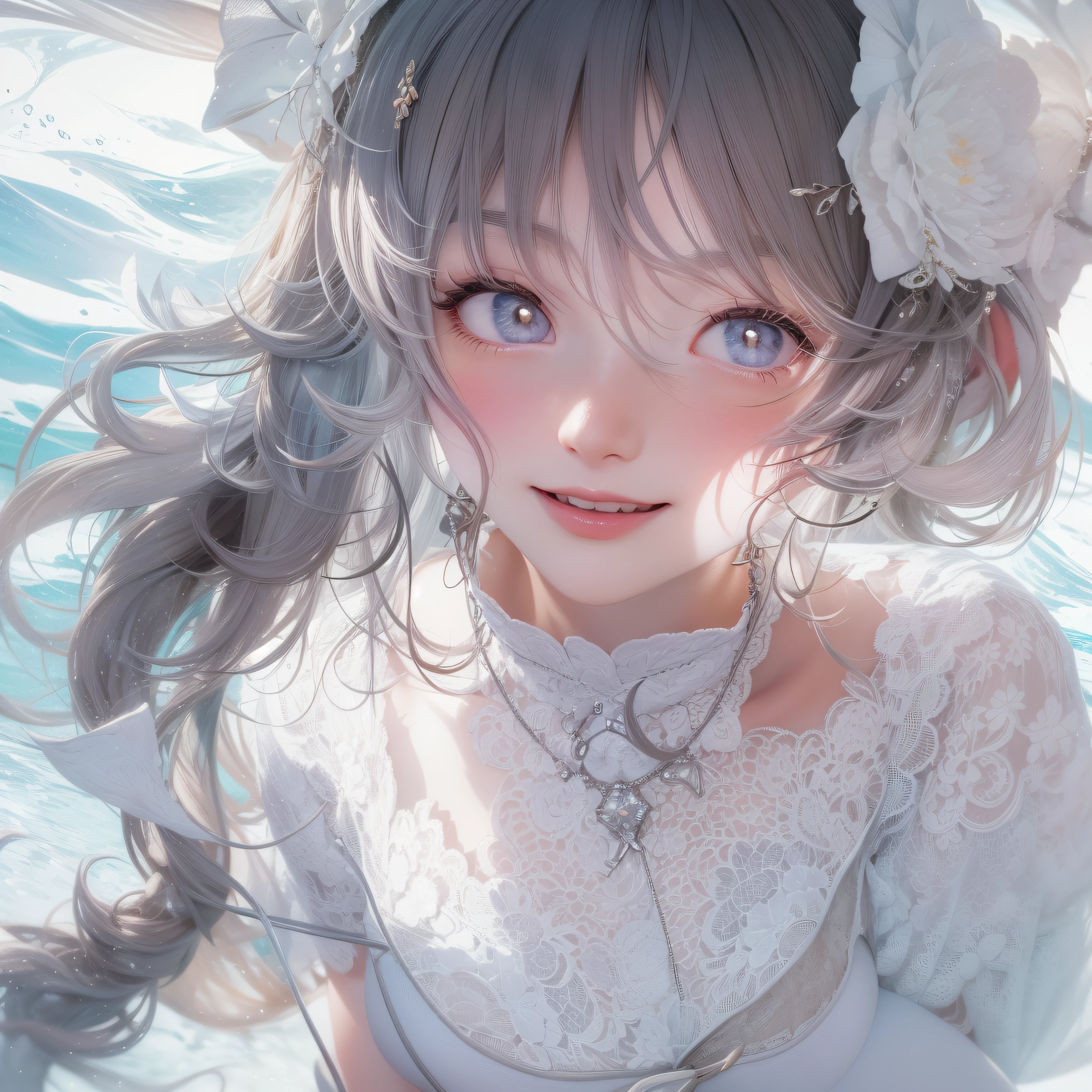 Close up of a smile with the corners of the mouth raised、White nurse、White nurse costume、White Cosplay、(realisitic、hight resolution)、(1 girl in)、Nurse、Do-Up Eye、Korean Girl、(Best Quality), (masutepiece), (1girl in), Solo, a beauty girl, Perfect face, Big Breast,dreamlikeart、Highly detailed airbrush art((Surreal))、Volumetric lighting、(top-quality)、The ultra-detailliert、(The composition of the movement:1.4)、Highly detailed colorful details、(Bright lighting)、dynamic compositions、Ray traching、The mirror reflects light、Shallow depth of field、ultra-detailliert、mixing exposure、nffsw、Her eyes glow white、Staring at the white sea。Her white face is full of anticipation and courage for a white nurse.、A smile appears on the lips of a white nurse。 At the rear、The sun is slowly tilting to the west。Its light brings white color to the surface of the sea、Swaying white waves create a beautiful scene。Her eyes shine distinctly white。Lots of white color