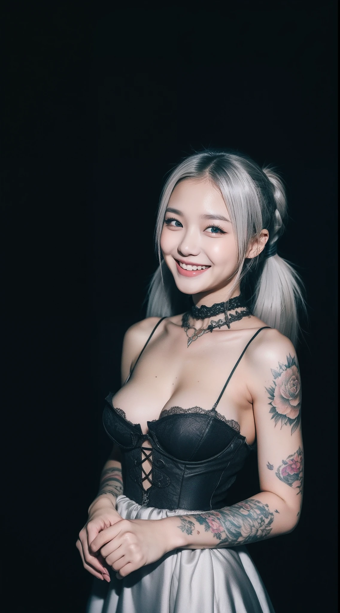 Beautiful, , 18 Yearsold Korean Girl, Grey Hair, Grey Twintail, Detailed Gothic Dress, Big Breast, Muscle, White Skin, Smiling, Dark City Background, Perfect, Look At Viewer, Happiness, Arms Tattooed