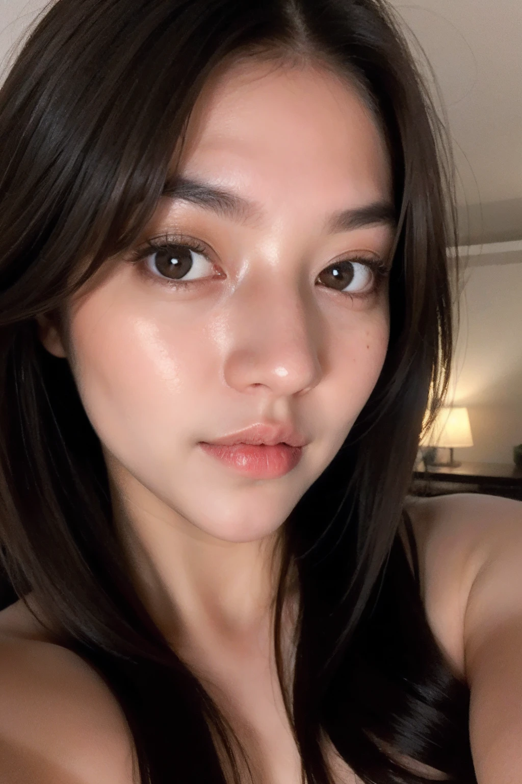 (masterpiece), (pov close up), best quality, masterpiece, (photorealistic:1.2), 1woman, vonzy selfie in bed, on sidepool at night, front view, realistic skin, (round face), curtain fringe messy hair, brown hair, human skin imperfection, blackout lighting