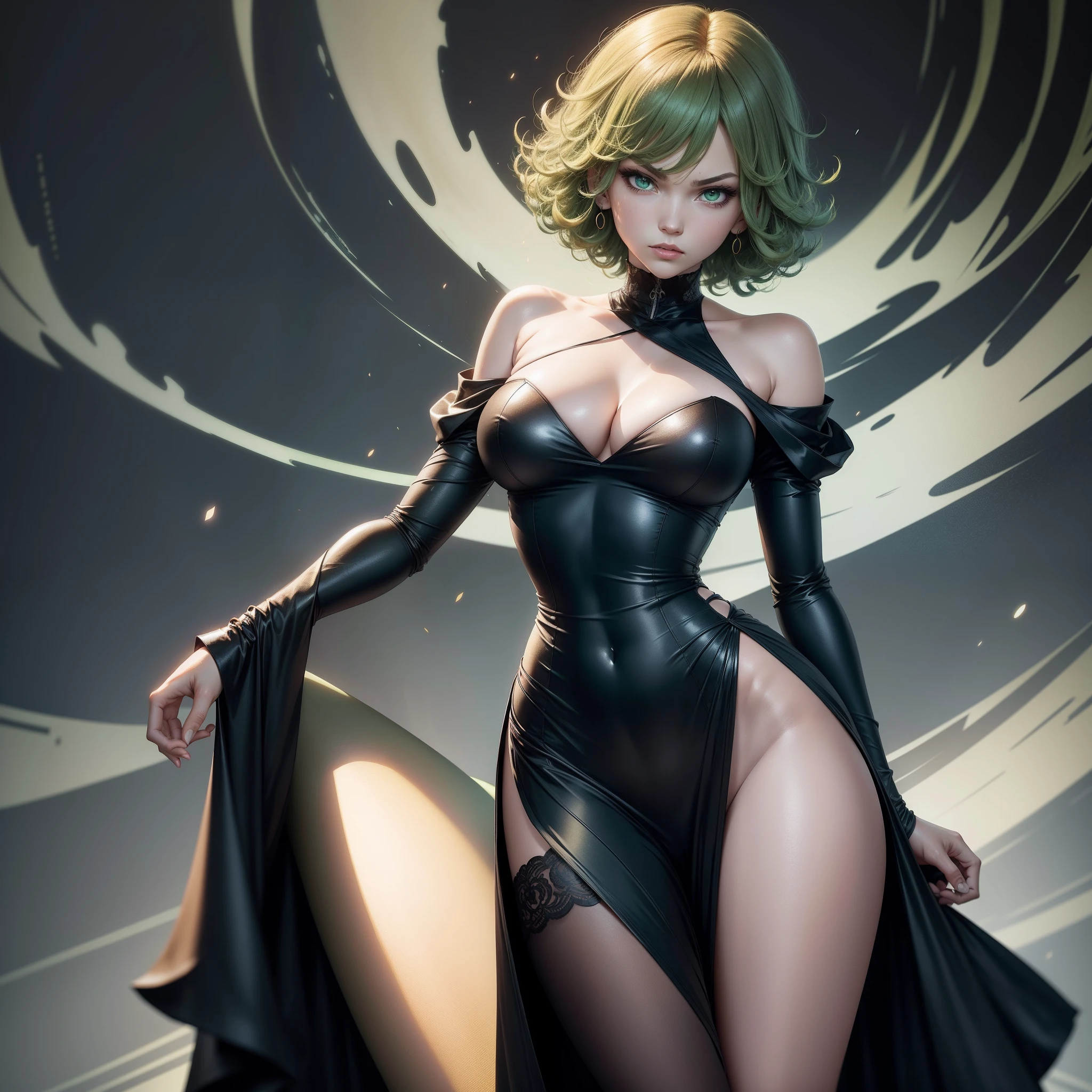 Tatsumaki anime, tornado, looking at viewer, angry, attack pose, Full body, detailed legs,short hair, bangs, green hair, green eyes, detailed eyes, collarbone, thighs, parted lips, green hair, long sleeves, black dress, pelvic drape, side slit, curly hair, flipped hair, open hand, reaching out, long black dress, Full HD, 16k, Vibrant colors, super detailed, ultra sharp