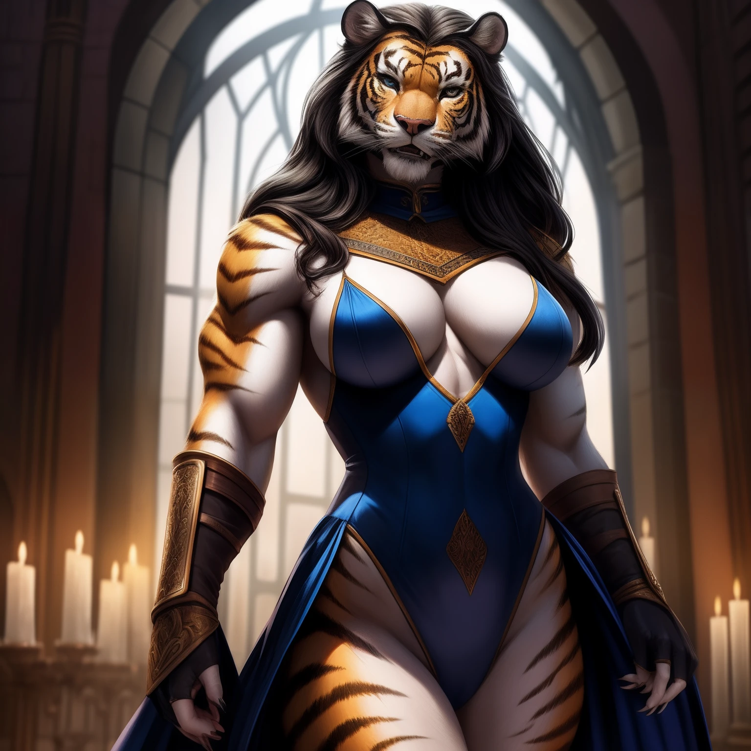 (realistic, high-quality) mature woman transformed into anthropomorphic white tiger. clad in a high cut black leotard that shows off her muscular, toned, hourglass body, along with sexy hips and large bust. she has flowing long black hair. baring both sharp teeth and claws to add to her fierce appearance. powerful yet graceful, the perfect ballance between beauty and beast.