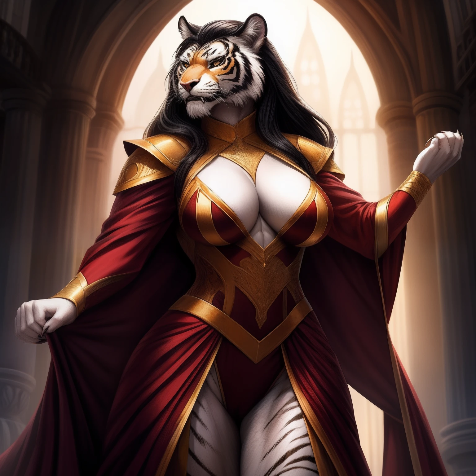 (realistic, high-quality) mature woman transformed into anthropomorphic white tiger. clad in a high cut black leotard that shows off her muscular, toned, hourglass body, along with sexy hips and large bust. she has flowing long black hair. baring both sharp teeth and claws to add to her fierce appearance. powerful yet graceful, the perfect ballance between beauty and beast.