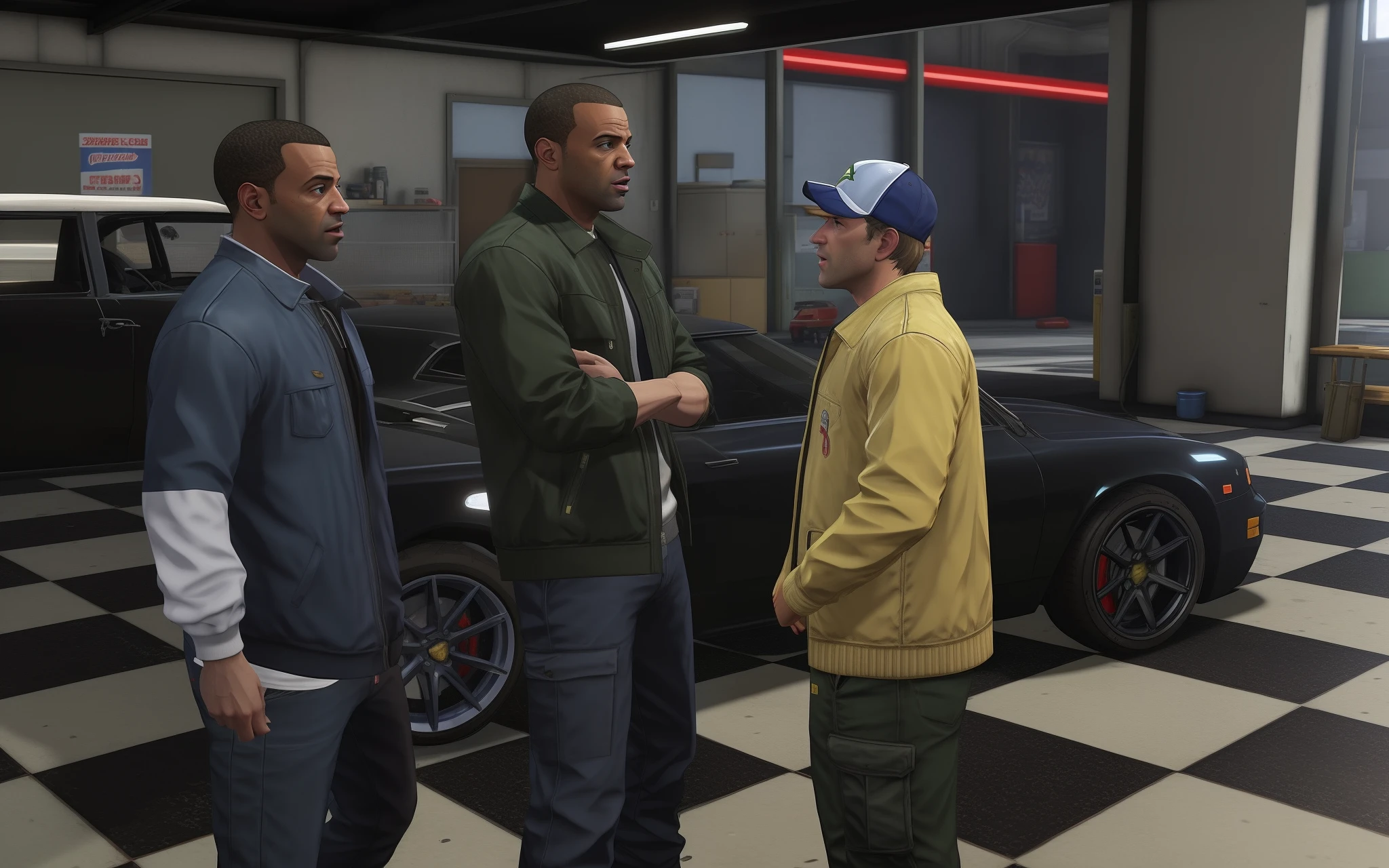 three men standing in a garage talking to each other, drake in gta v, gta 5 screenshot, gta v screenshot, gta v gameplay screenshot, gta v character, gta5 style, style of gta v, mark zuckerberg in gta v, screenshot from gta v, gtav, boris johnson in gta v, gta v style, as a character from gtav