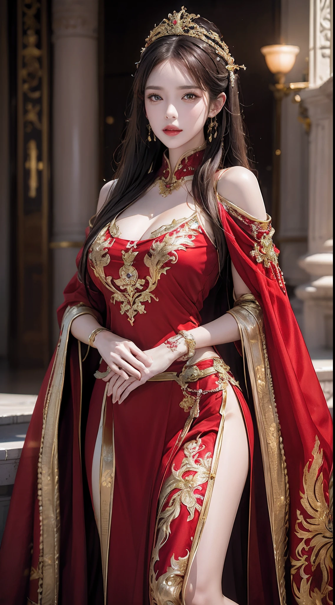 Photorealistic, high resolution, 1 woman, Hips up, Beautiful eyes, Long hair, tattoo, jewelry, ringed eyes, red and gold dress, tiara