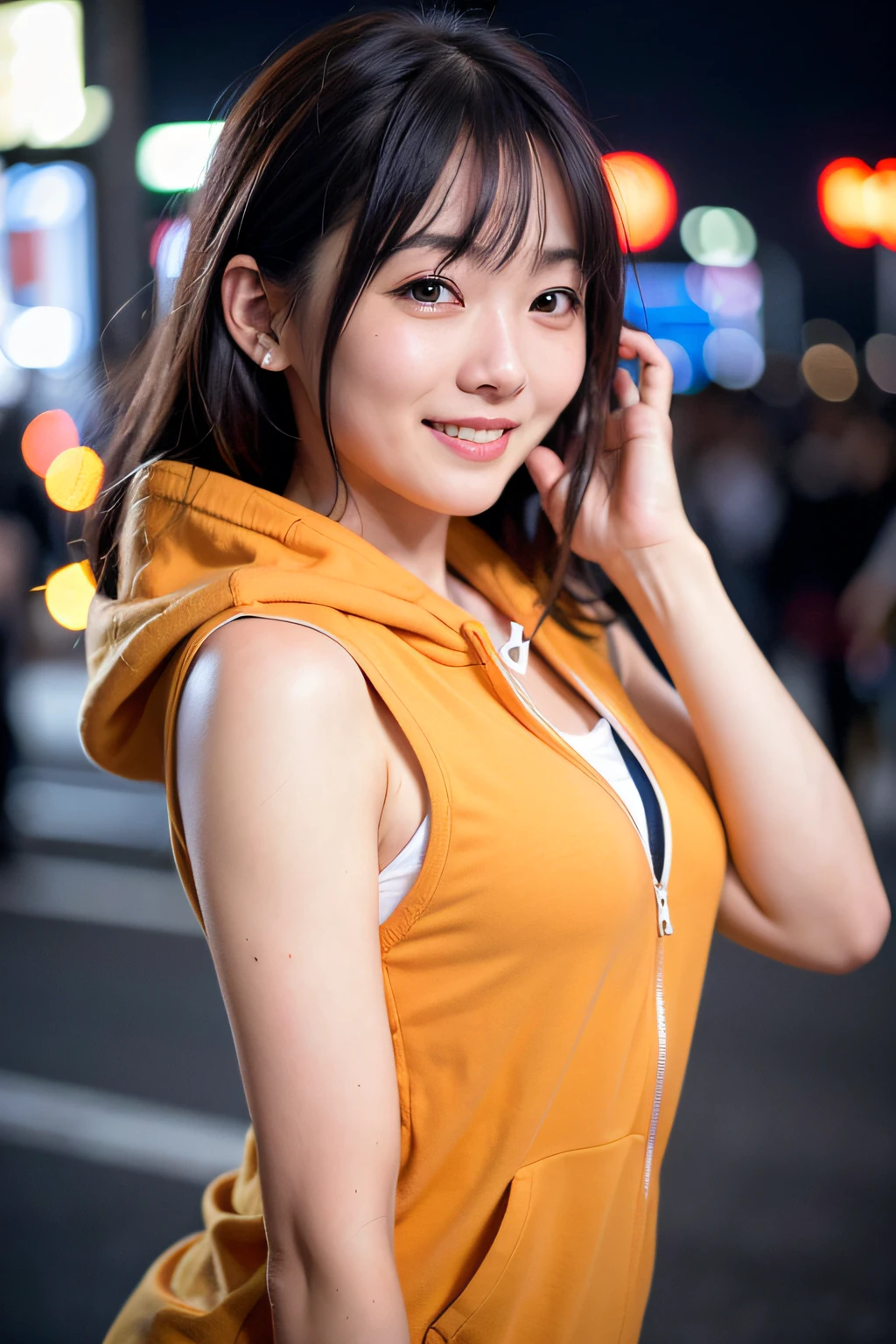 1girl, Tokyo street,night, cityscape,city lights,upper body,close-up,smile, orange yellow hoodie, (8k, RAW photo, best quality, masterpiece:1.2),(realistic, photo-realistic:1.37),