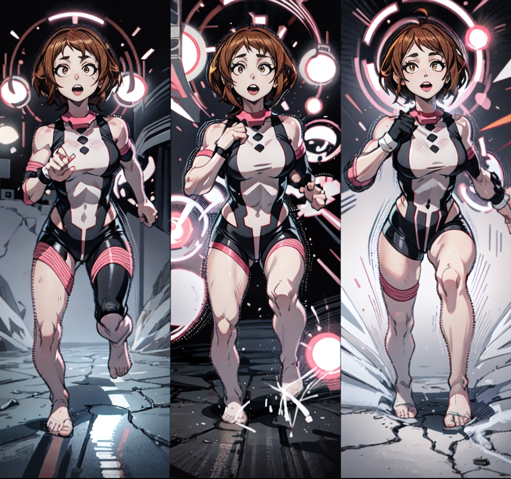 a set of different poses of a same character, character with a bunch of different poses, sprite sheet, characters 8k symmetrical, anime girl figures, spritesheet, sprite sheet walk cycle, 2 d sprite, sprite 2 d, dancing character, light brown hair, light brown short hair, yellow eyes, (((muscular))), big breasts, thick thighs, solo, happy, (pale skin), running, working out, (((black clothes))), erotic in all poses, sexy, bare feet, set of high quality hd sprites, spritesheet, intricate, sprite sheet, gif, white background, Ochako uraraka boku no hero