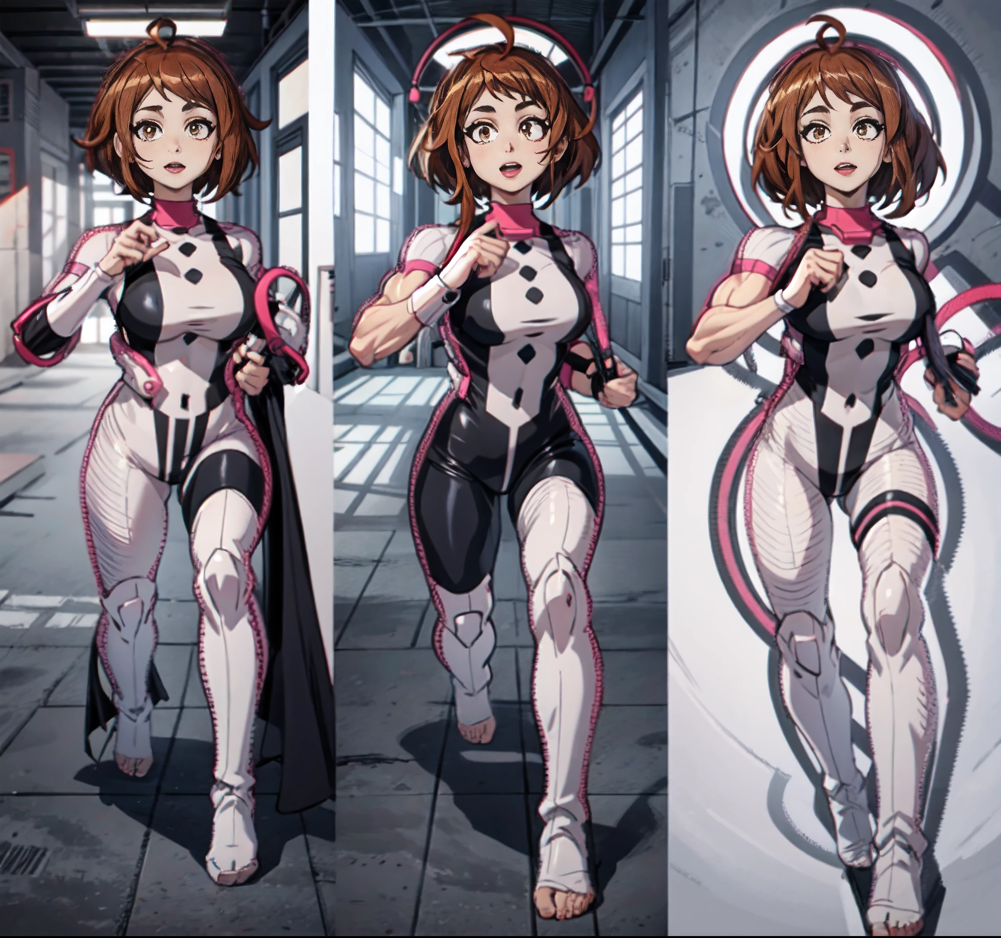 a set of different poses of a same character, character with a bunch of different poses, sprite sheet, characters 8k symmetrical, anime girl figures, spritesheet, sprite sheet walk cycle, 2 d sprite, sprite 2 d, dancing character, light brown hair, light brown short hair, yellow eyes, (((muscular))), big breasts, thick thighs, solo, happy, (pale skin), running, working out, (((black clothes))), erotic in all poses, sexy, bare feet, set of high quality hd sprites, spritesheet, intricate, sprite sheet, gif, white background, Ochako uraraka boku no hero