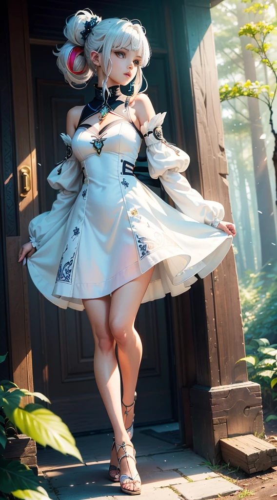 (Dynamic angle:1.4), ((Full body posing:1.5), (colorful:1.2), (extremely detailed CG unity 16k wallpaper:1.1), (Denoising strength: 1.45), (tmasterpiece:1.37), ((official art)), S1, 1girl, solo, nahida \(genshin impact\), white hair, multicolored hair, side ponytail, hair ornament, green eyes, symbol-shaped pupils, pointy ears, jewelry, detached sleeves, white dress, forest, watercolor, microprofile, focus on head, look at viewer, black collar, best quality