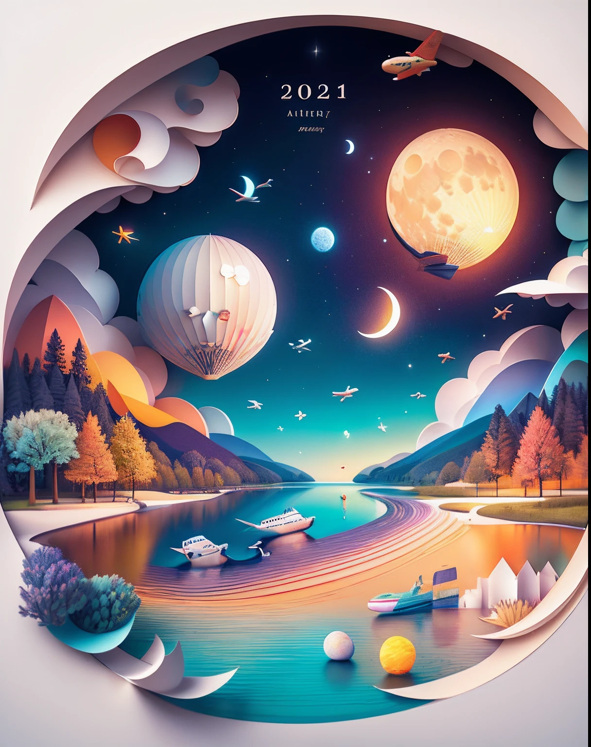 add "2023Diary" title using artistic font, realistic, airplane, Softlight,(warm color:1.2),Water color painting,light background,best quality exquisite details,3d rendering,Octane render,pastel, Moon, river, storm, ultra high quality,(paper_cut:1.15) (:nature:) (hopeful feeling)