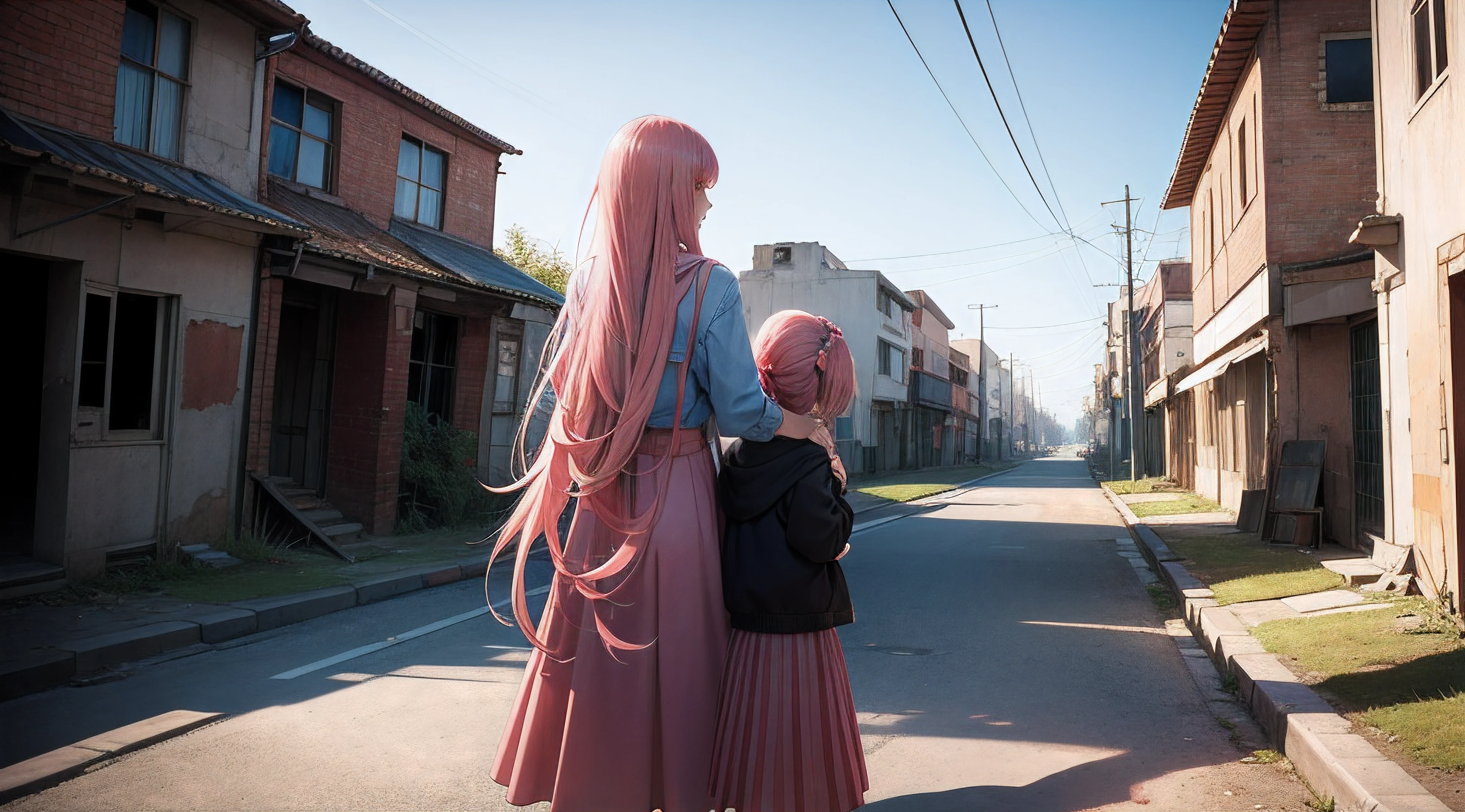 Abandoned cities,A pink-haired,Mother and daughter,Turn your back to each other,Lateral face