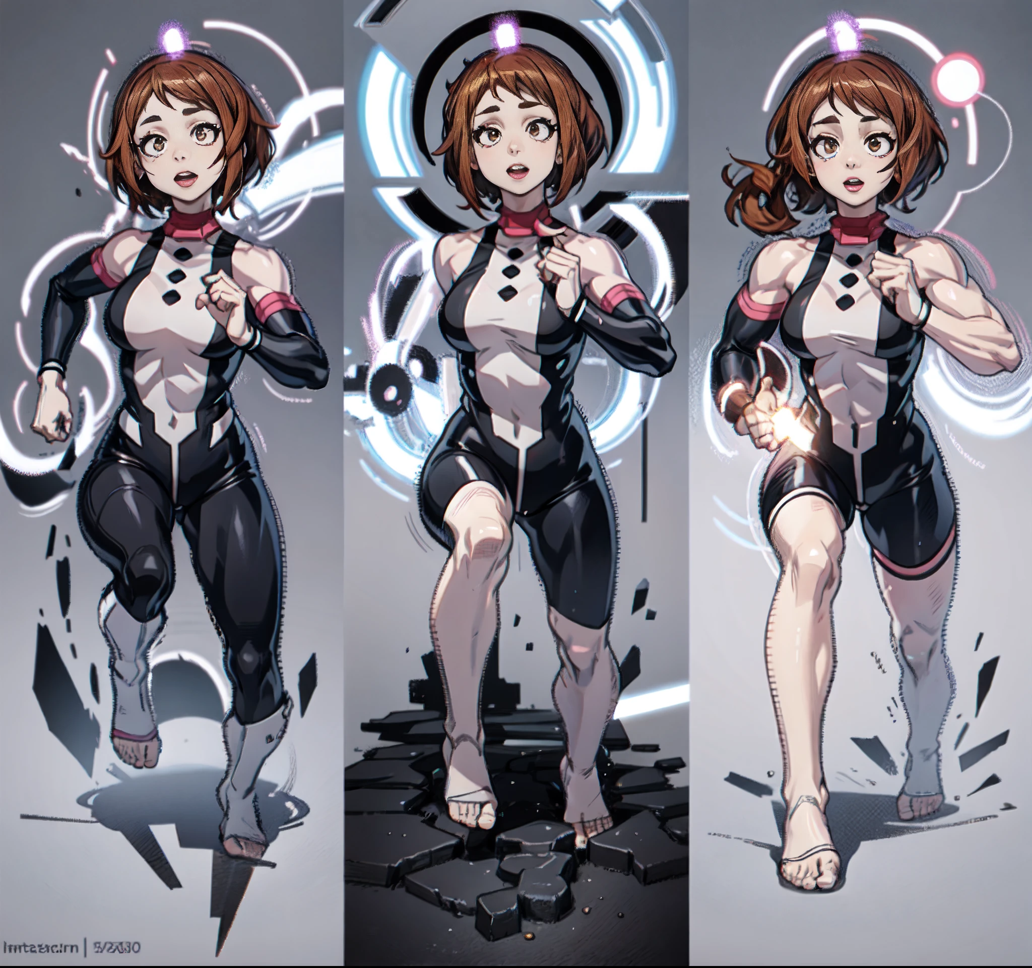 a set of different poses of a same character, character with a bunch of different poses, sprite sheet, characters 8k symmetrical, anime girl figures, spritesheet, sprite sheet walk cycle, 2 d sprite, sprite 2 d, dancing character, light brown hair, light brown short hair, yellow eyes, (((muscular))), big breasts, thick thighs, solo, happy, (pale skin), running, working out, (((black clothes))), erotic in all poses, sexy, bare feet, set of high quality hd sprites, spritesheet, intricate, sprite sheet, gif, white background, Ochako uraraka boku no hero