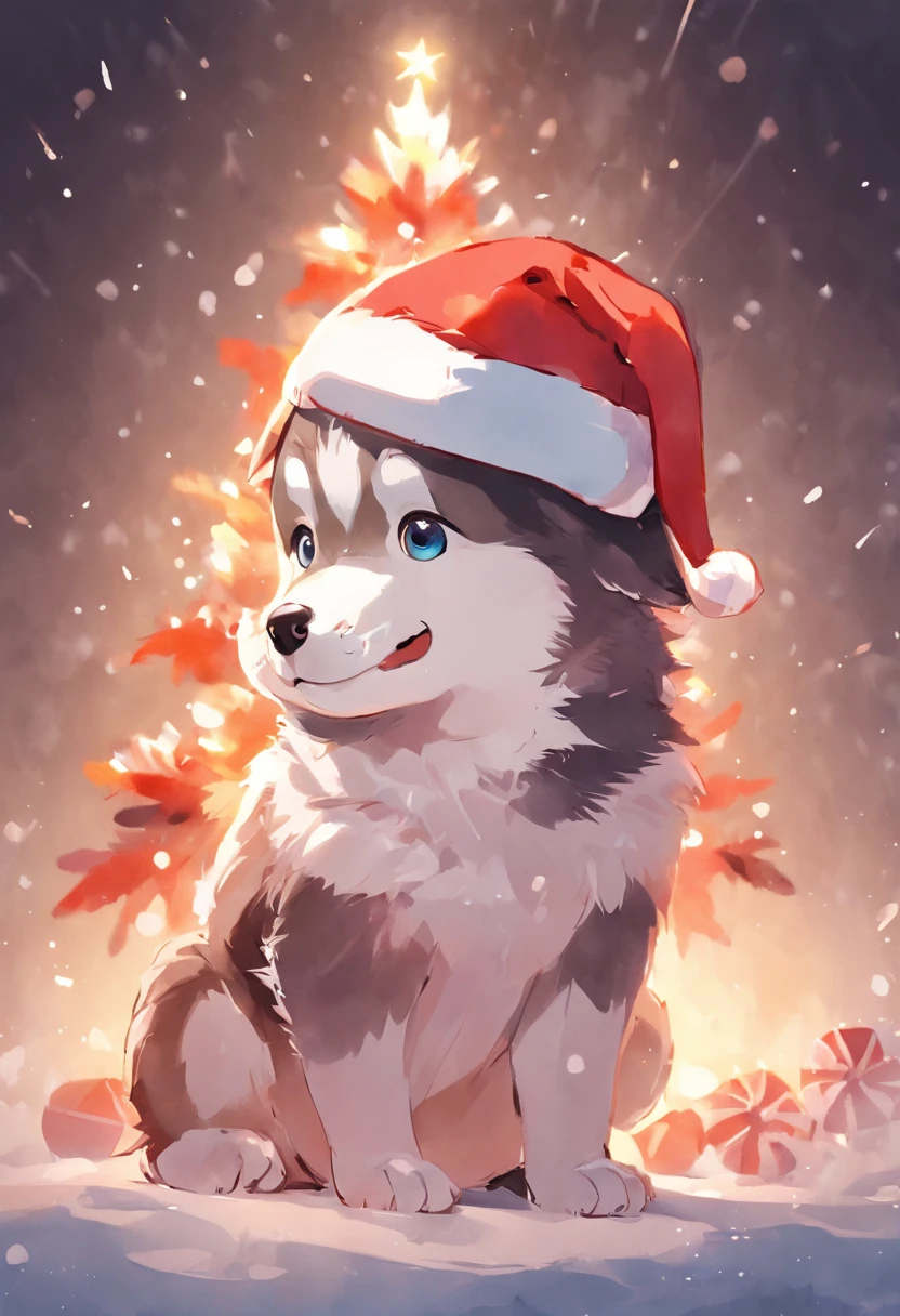 A cute and cute Christmas husky puppy wearing Santa's hat, Bring a gift, aquarelle, watercolor paiting, Highly detailed, clip art, clip art, On a white background, aquarelle, in the view, High quality, photograph realistic, Holiday, festivity, Christmas