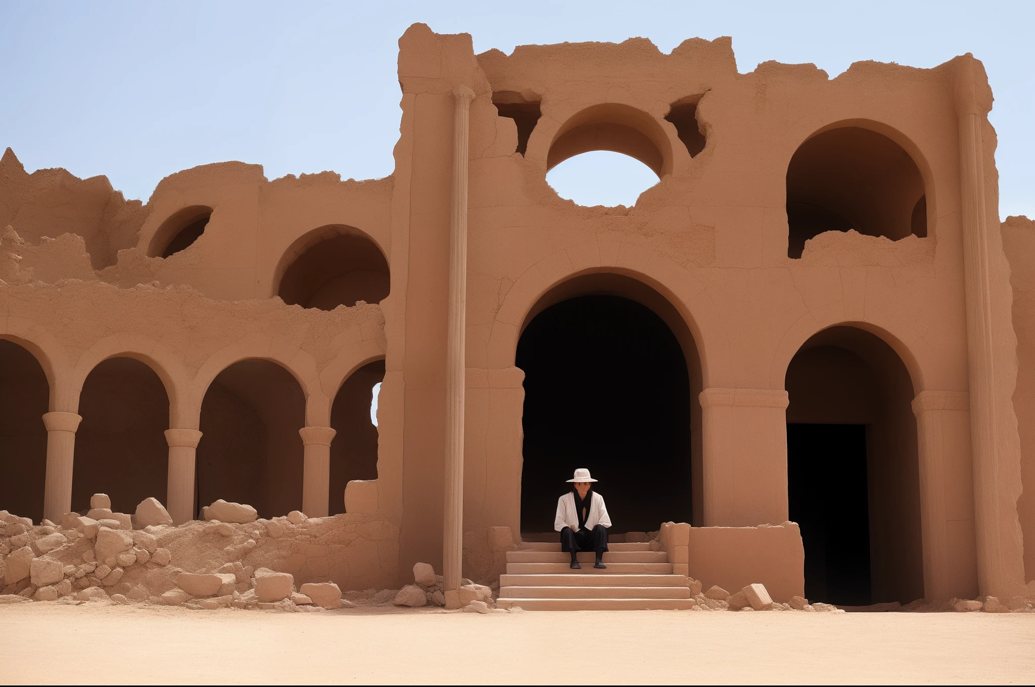 Genshin Saino sat on the desert ruins and pulled out his