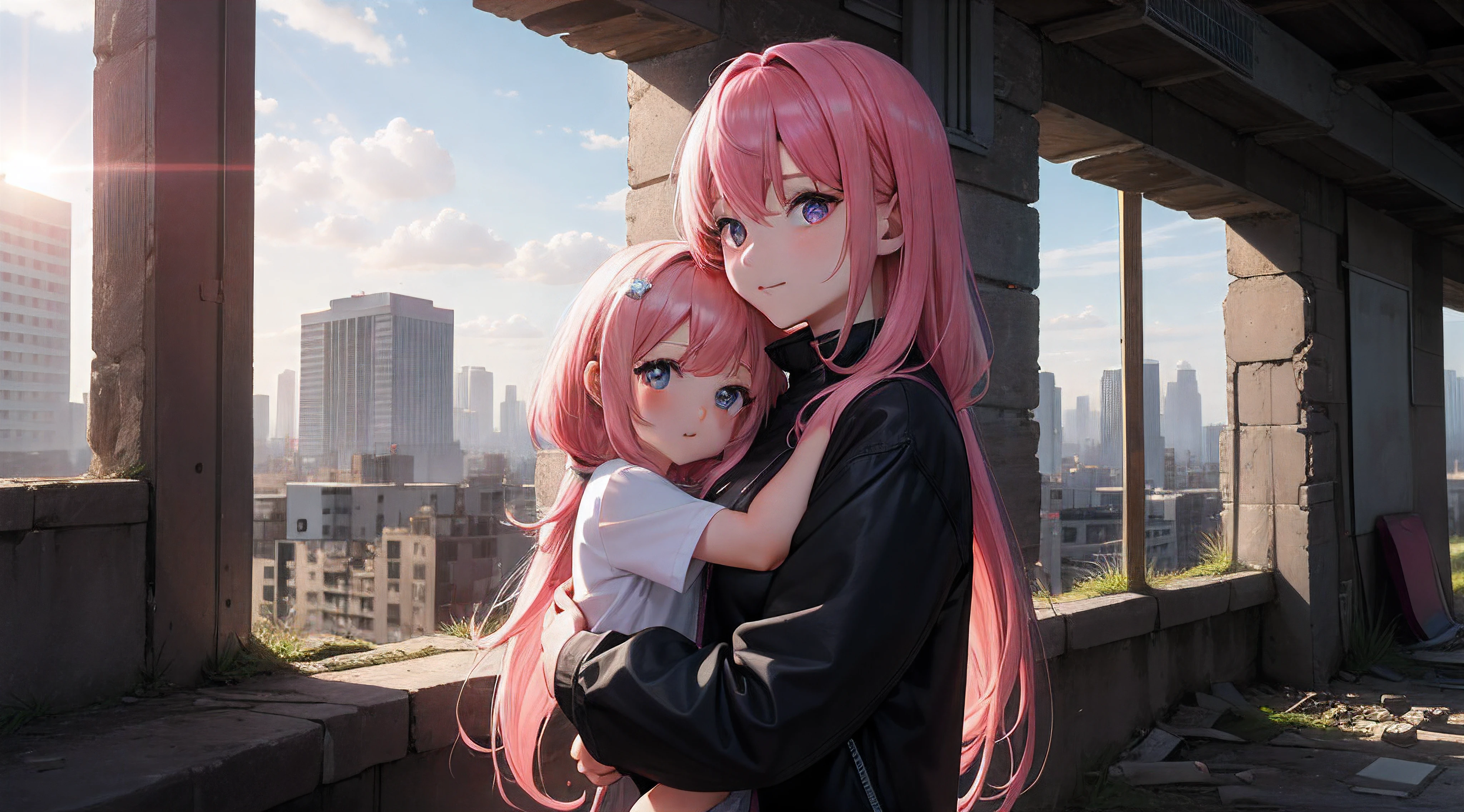 The sun was shining at 10 a.m，Abandoned cities，8K，hyper HD，A pink-haired，Mother and daughter，