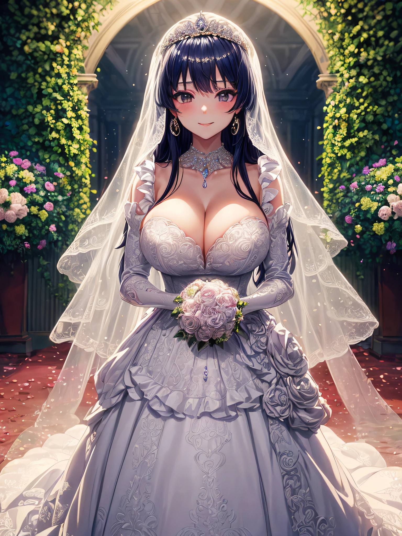 (masterpiece, best quality,extremely detailed,moe anime art style:1.2),1girl, (solo), cute, kawaii,digital art,((1 anime princess wearing beautiful embroidery and jeweled gorgeous wedding dress with voluminous full length hoop skirt)),crinoline,((voluminous frills)),gorgeous embroidery and beautiful lace,(very gigantic boobs,cleavage,skindentation),((shiny hair,absurdly voluminous straight hair,absurdly Long Hair)),(finely detailed face and eye),smile,extremely gorgeousfull jeweled tiara,((bling-bling gorgeous gemstone jewelry)),long wedding veil,((standing in beautiful garden)),flowers,flower petals flowing,(dynamic angle),((beautiful embroidery and jeweled gorgeous wedding dress with voluminous full length hoop skirt))