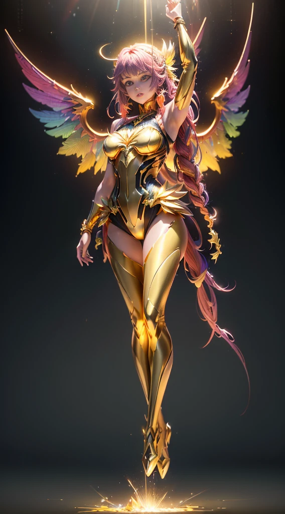 (Dynamic angle:1.4), ((Full body posing:1.5), (colorful:1.2), (extremely detailed CG unity 16k wallpaper:1.1), (Denoising strength: 1.45), (tmasterpiece:1.37), ((official art)), (colorful:1.2), The whole body is golden yellow, suspended in the air, yes Big Wings, god rays, sparkle, glowing light, ((masterpiece)), ((best quality)), UHD, award winning