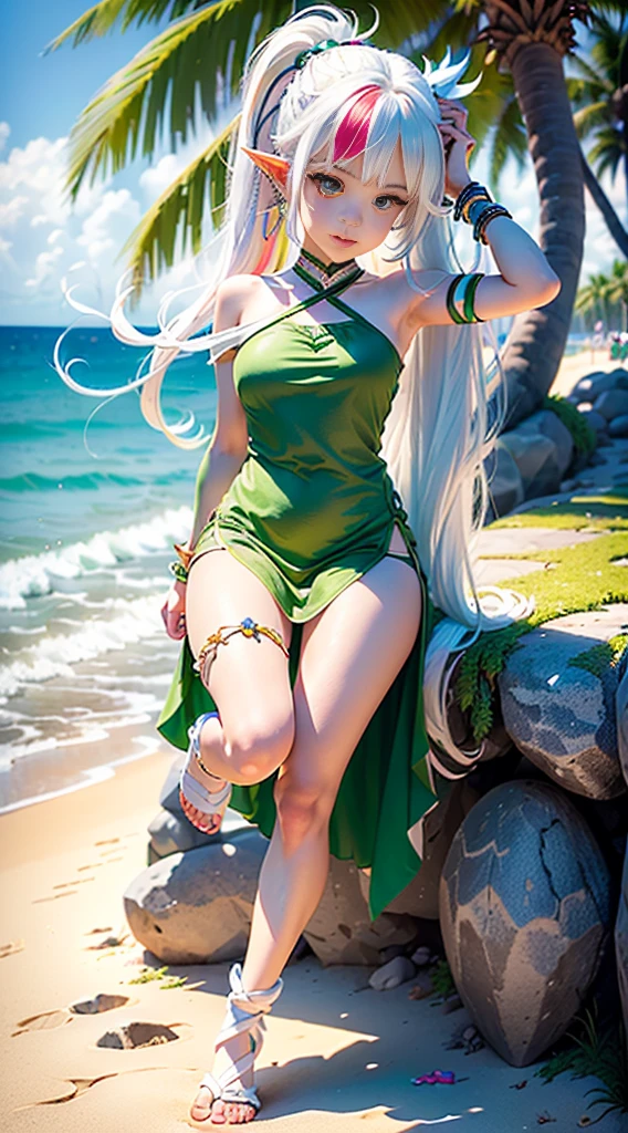 (Dynamic angle:1.4), ((Full body posing:1.5), (colorful:1.2), (extremely detailed CG unity 16k wallpaper:1.1), (Denoising strength: 1.45), (tmasterpiece:1.37), ((official art)), RAW photo, 1igrl, goddess, white hair, blush, (smile:0.8), upper body, (high detailed skin:1.2), 8k uhd, dslr, Fujifilm XT3, swing, green eyes, smell, dress, white dress, long hair, stirrup legwear, pointy ears, multicolored hair, side ponytail, jewelry, white hair, gradient hair, tree, symbol-shaped pupils, hair ornament, bangs, solo, Seaside, summer, coconut trees, beaches, toeless legwear, outdoors, white socks, looking at viewer, toes, no shoes, socks, bracelet, feet, closed mouth, cross-shaped pupils, green hair, holding, hair between eyes, full body, bare shoulders, sleeveless, day, flower, green cape, short sleeves, sleeveless dress, plant, white footwear, (light:1.2), (chibi:1.2), soft lighting, film grain, high quality