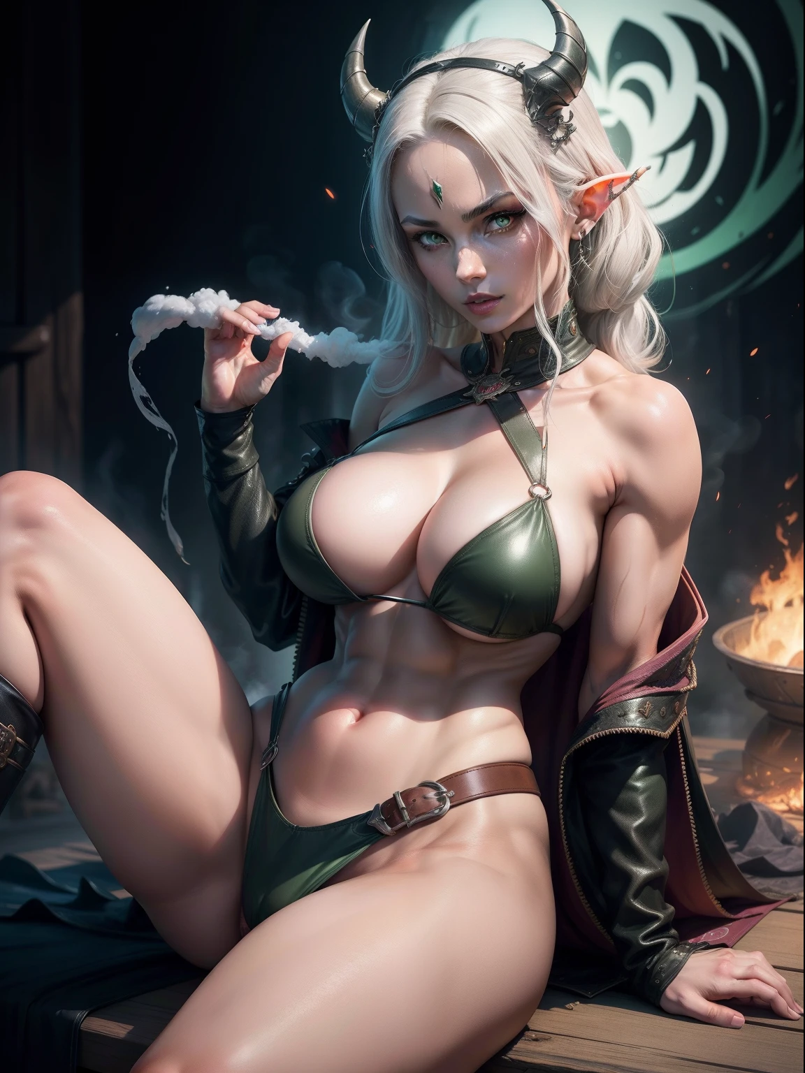 ((One Woman)), One Woman, masutepiece, of the highest quality, Queen of the Grey Elves, bikini of, central, Wide leather belt, Peach Boots, viewer, Face, Portrait, Glowing eyes, Green smoke,  Black background, large udder, Bare skin, devil's figure, Docking screen, Muscle Girl,