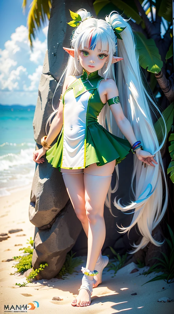 An anime character with long white hair and green spikes and small horns, a woman in a small swimsuit in a spread-legged position 