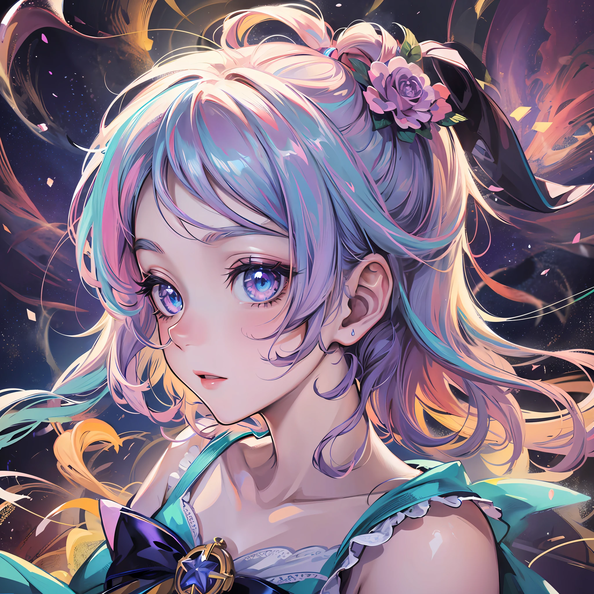 (Anime portrait, glowing, shining), magical girl, dynamic hair, vivid eyes, shooting stars, swirls of mystical energy. --auto --s2
