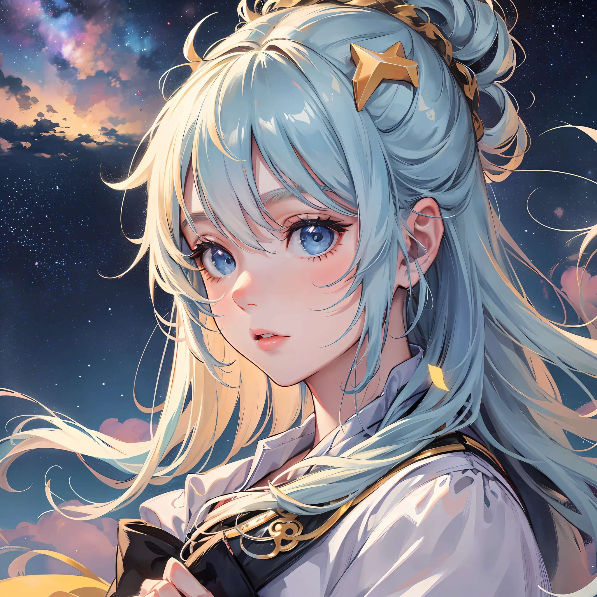1 girl, face focused, cute, soft cute, grassy, starry sky, night, clouds
