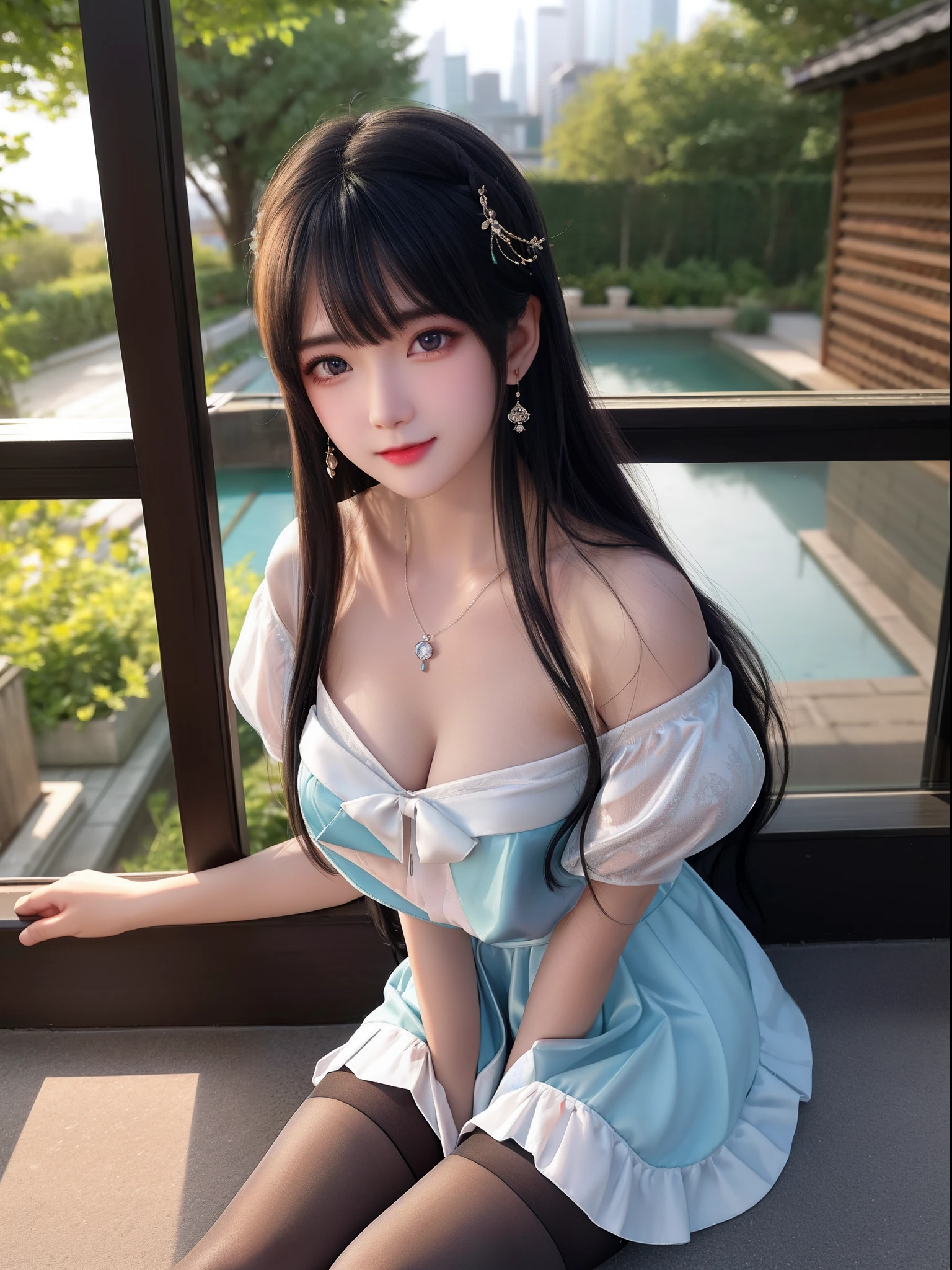 Luxury palace、young woman、Floral Dress、Black Hair、bangs、updo hairstyle, Big Breasts、thin