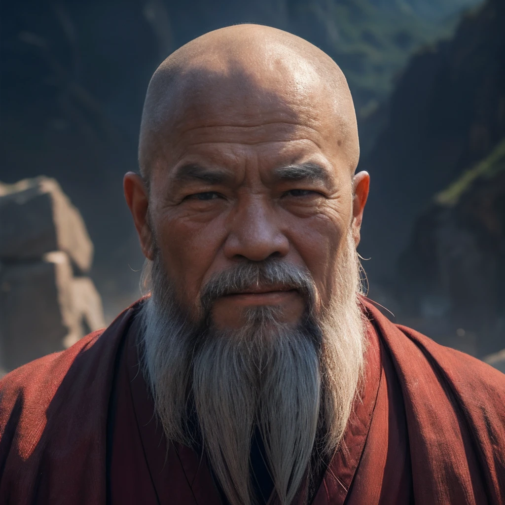 An old Chinese monk in rags,Long-bearded abbot,Be kind,The eyes are shining,Smart and dashing,Teeth bared, Landscape background,Cinematic portraits of people, 8K portrait rendering,Inspired by martial arts monks, Inspired by Oniyako