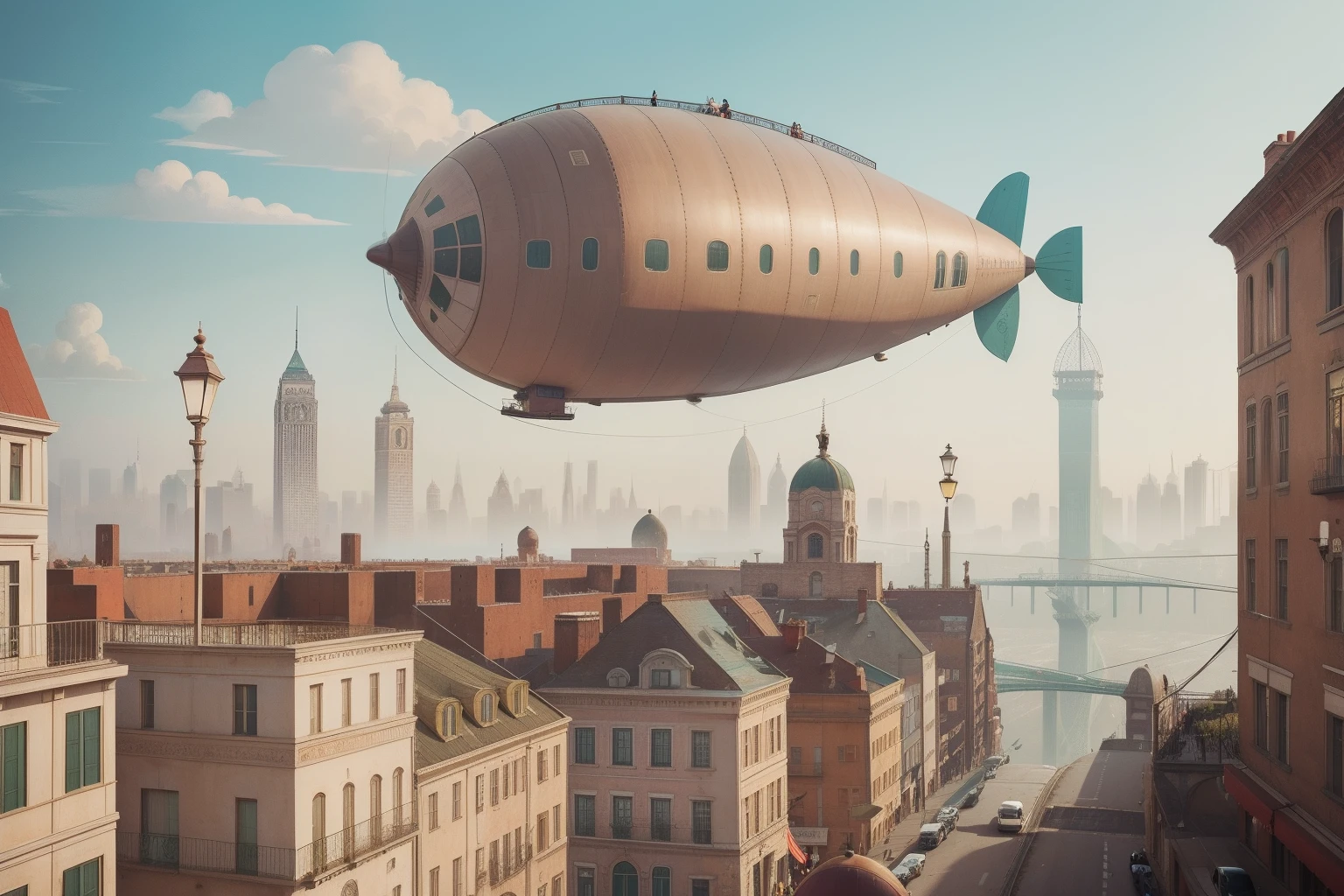 Amidst a surreal Wes Anderson cityscape, an oversized, antique dirigible looms above a bustling metropolis, with tiny commuters in the distance boarding this fantastical mode of transport.