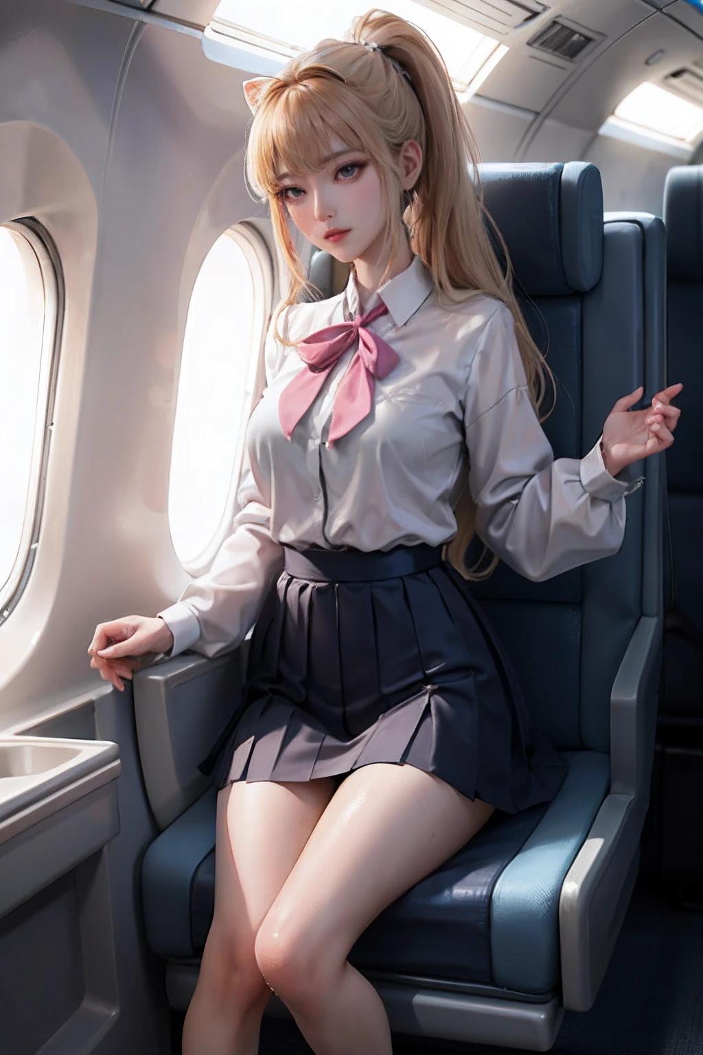 Real Images、(​masterpiece:1.2、top-quality)、Lady 1、独奏、Cabin Crew、Open legs,poneyTail、校服、a miniskirt、Composition looking up、white panty、camel's toe、Planes、Pink blouse、Services for passengers、water dripping、Wet、Provision of safety instructions、Response to emergencies、bangss、(Glossy skin:1.15)、