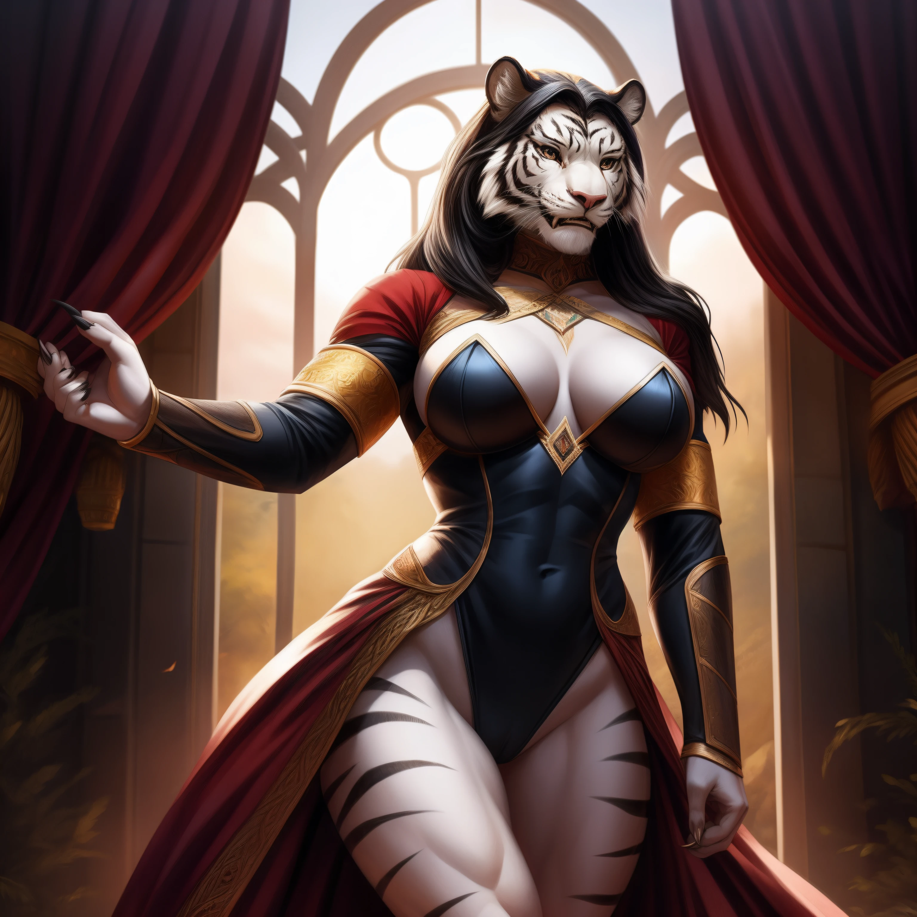 (realistic, high-quality) mature woman transformed into anthropomorphic white tiger. clad in a high cut black leotard that shows off her muscular, toned, hourglass body, along with sexy hips and large bust. she has flowing long black hair. baring both sharp teeth and claws to add to her fierce appearance. powerful yet graceful, the perfect ballance between beauty and beast.