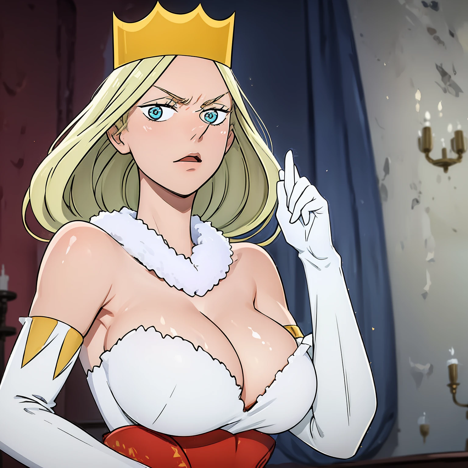 Queen Hilling,
1girl, blonde hair, blue eyes, big breasts, crown, dress, gloves, pointy nose, queen, red victorian dress, white fur tuft, solo, white background, white gloves, mature female, beautiful, perfect anatomy, solo