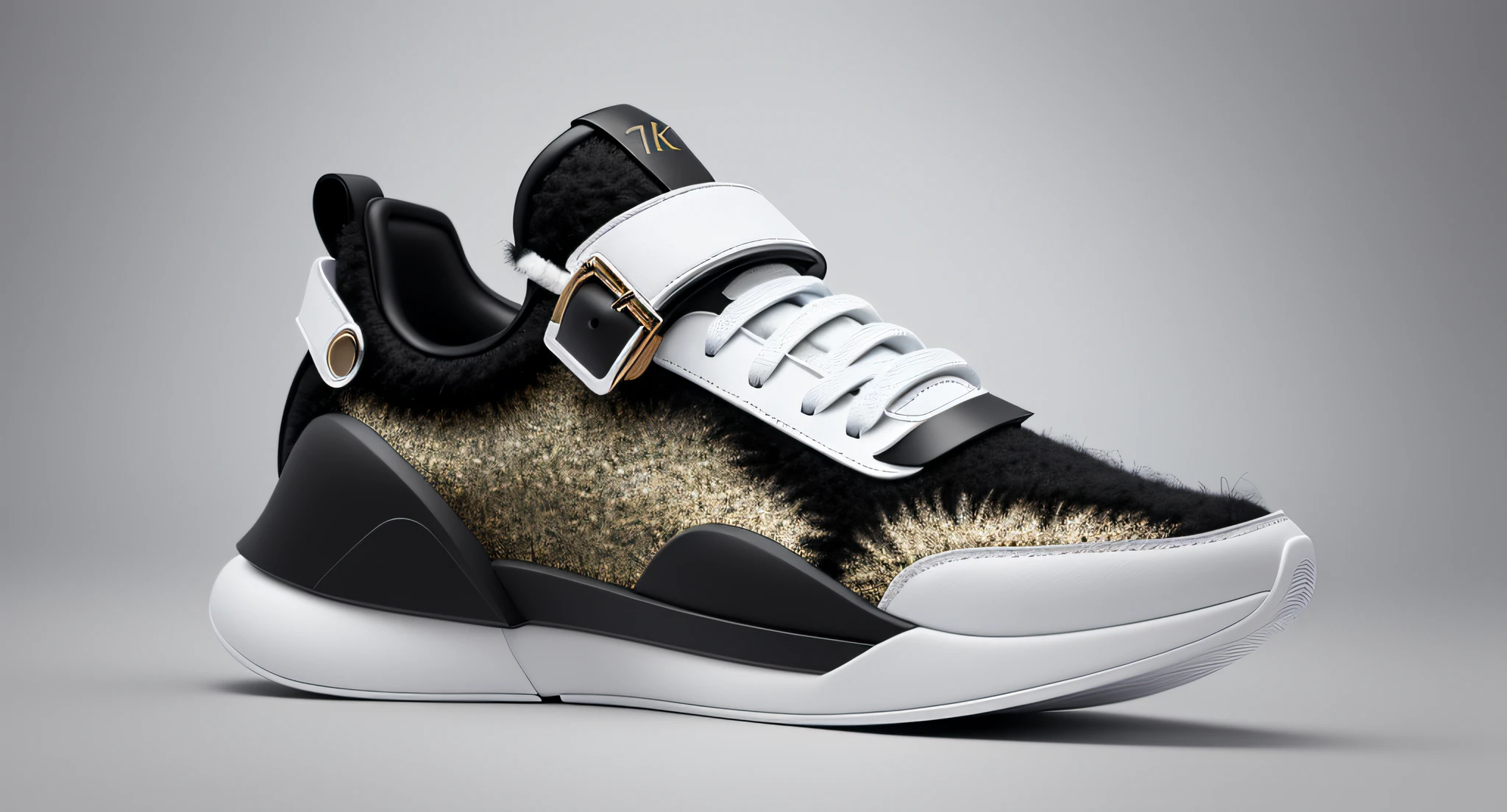 Close-up fur-embellished long trainers on the side,Shoe decorative buckle ,Surrealism with a winter theme(Shoe decorative buckle:1.3)Long hairs,and cityscape,Made of long wool(digital art painting)Future sneakers It's surreal,Official product photo,A combination of high technology,minimal style,product design render,high-detailed rendering,4k高清,detailed render,front-facing view,Full right-angle view , Depict the shape and features of the shoe with carefully drawn lines,subtle detailing,More granular、More accurate lines。40K product design rendering,Vibrant and dynamic, Colorful complete details, The medium close-up focuses on the shoe itself