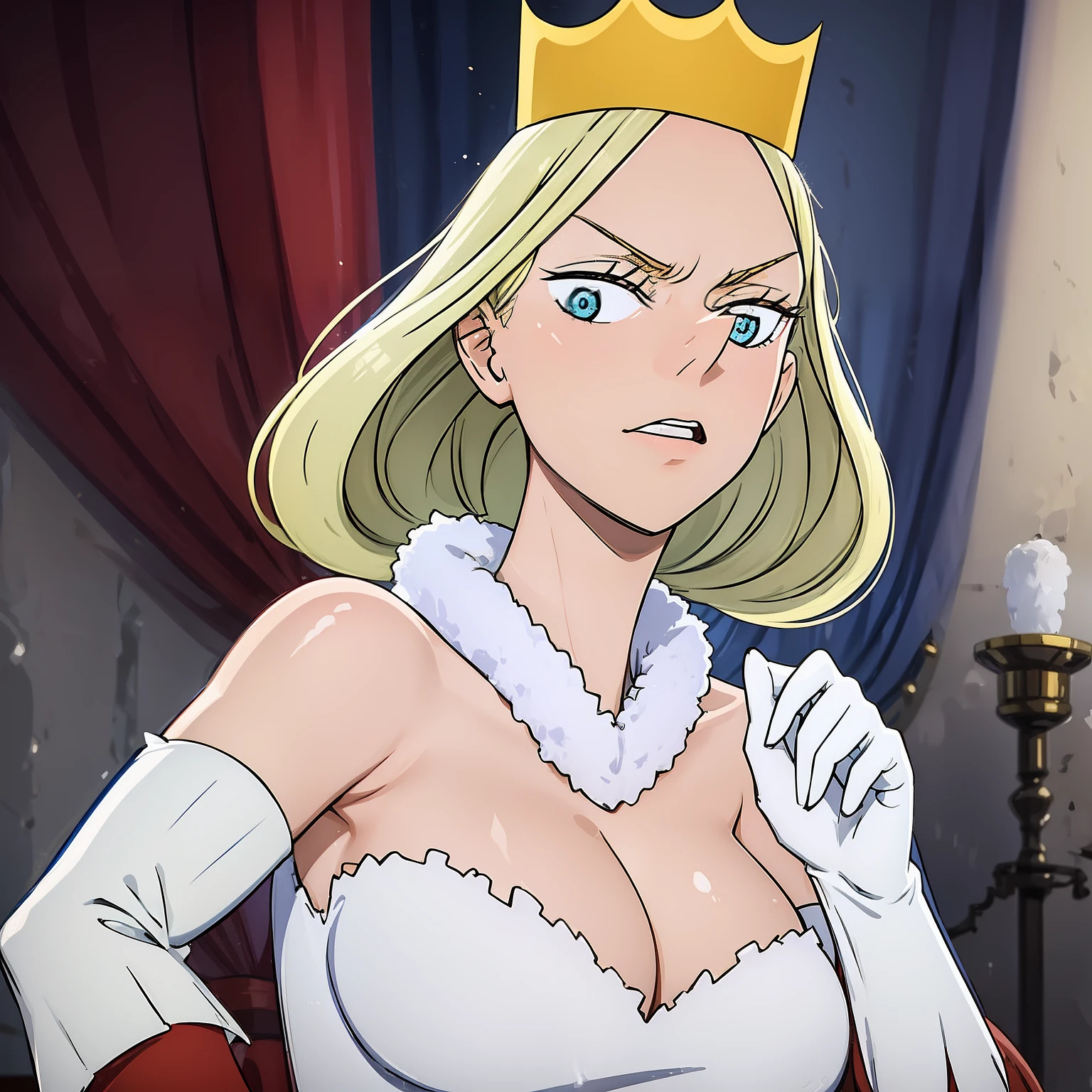 Queen Hilling,
1girl, blonde hair, blue eyes, big breasts, crown, dress, gloves, pointy nose, queen, red victorian dress, white fur tuft, solo, white background, white gloves, mature female, beautiful, perfect anatomy, solo