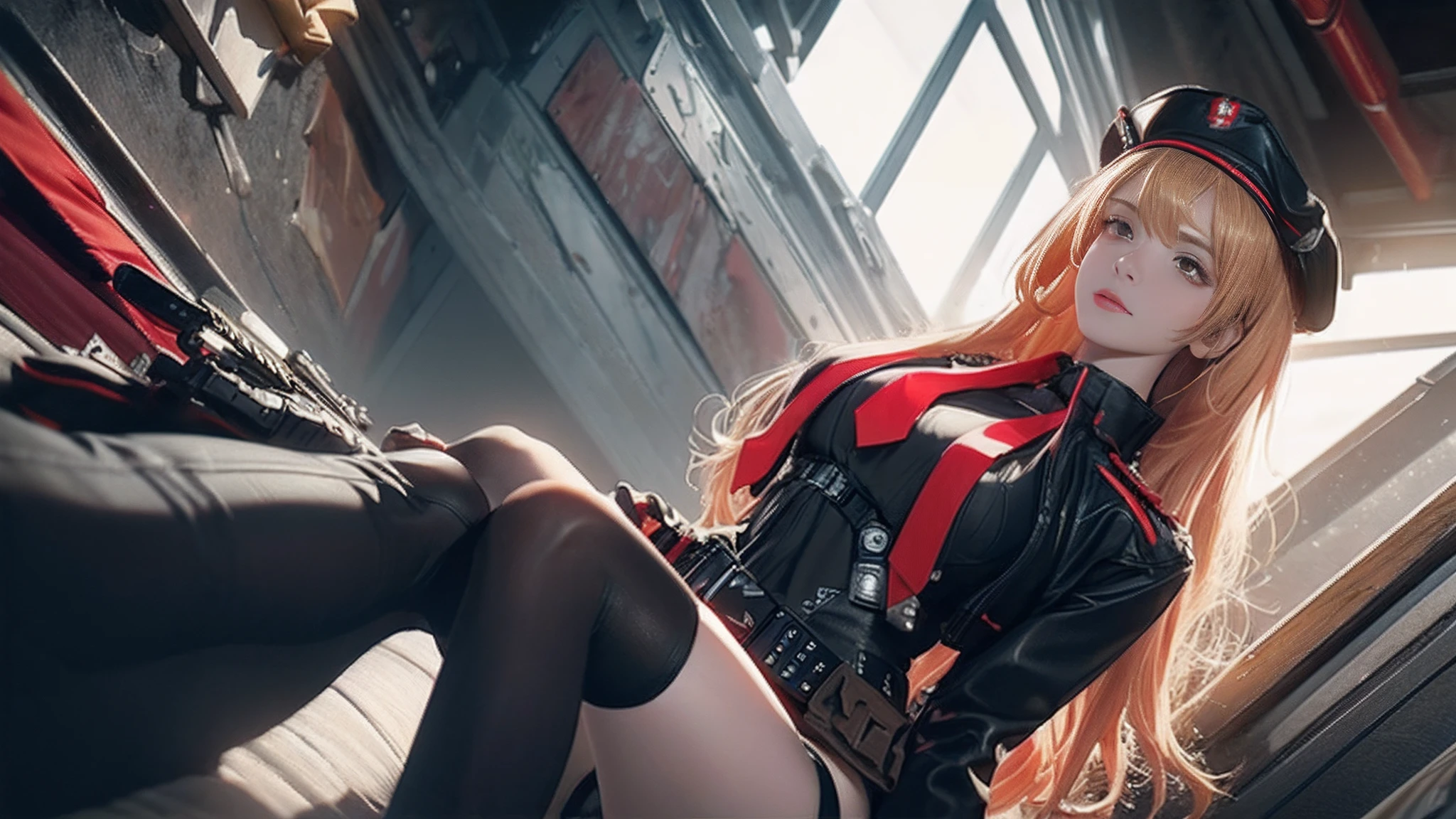 ((Best quality)), ((masterpiece)), (detailed:1.4), 3D, an image of a beautiful cyberpunk female, long almond golden hair, light brown eyes, Small red Barret, Black Soldier Shirt, Black under cloth, black panty, Grenade belt, Big chest, Big thigh, High thigh black knee sock, red necktie, black jacket, black cloak, black panty, ammo belt, handgun, HDR (High Dynamic Range),Ray Tracing,NVIDIA RTX,Super-Resolution,Unreal 5,Subsurface scattering,PBR Texturing,Post-processing,Anisotropic Filtering,Depth-of-field,Maximum clarity and sharpness,Multi-layered textures,Albedo and Specular maps,Surface shading,Accurate simulation of light-material interaction,Perfect proportions,Octane Render,Two-tone lighting,Wide aperture,Low ISO,White balance,Rule of thirds,8K RAW,
