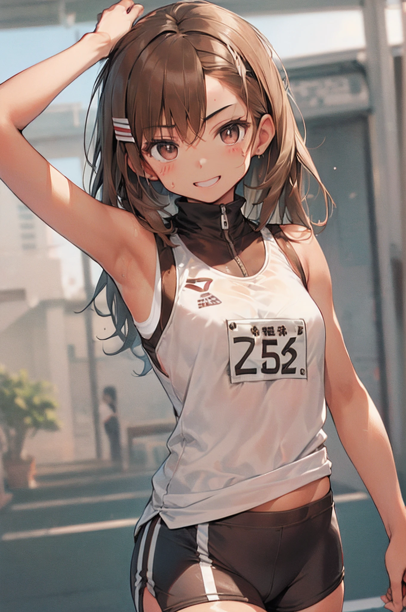 top-quality　Misaka Mikoto　 School Bra　Beige shorts　　　　Cool look　　small tits　　１６age　　in the room　sexypose　Miwaki　Armpit sweat　sodden　　Ecstasy face((masutepiece)), (1 girl:2.0), (extra detailed face, Smiling), Short haircut, Brown hair, Petite, (Thin Build), (a japanese girl), ((Athletics Club Member, Long-distance runner)), Slightly round face, (Tanned brown face:1.6), Cute, Big eyes