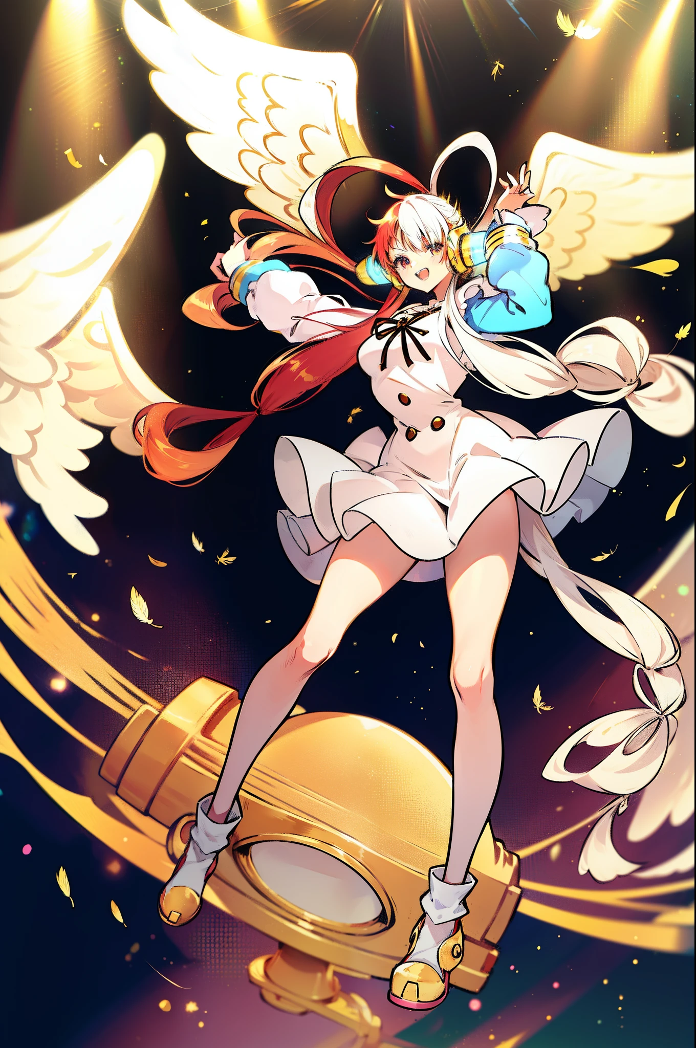 one piece dream singer UTA, one piece art style, mix color ribbon shape hair style, white maid jumpsuit, golden color gauntlet, golden color armor shoes, cute unzip wind breaker, feather mix color wings, scarf, charming idol aura, music symbol effect around, perfect body shape, masterpieces, fantasy art, extreme body detail, high resolution, anime 4k wallpaper quality