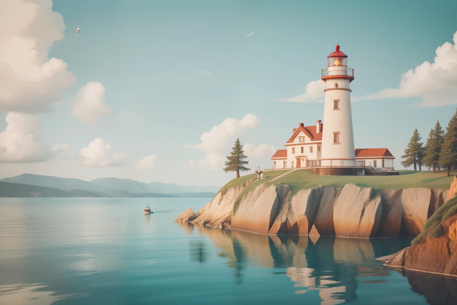 On the shore of a Wes Anderson-inspired lake, an oversized, striped lighthouse serves as a beacon of hope and wonder, with tiny sailors in the distance navigating its tranquil waters.