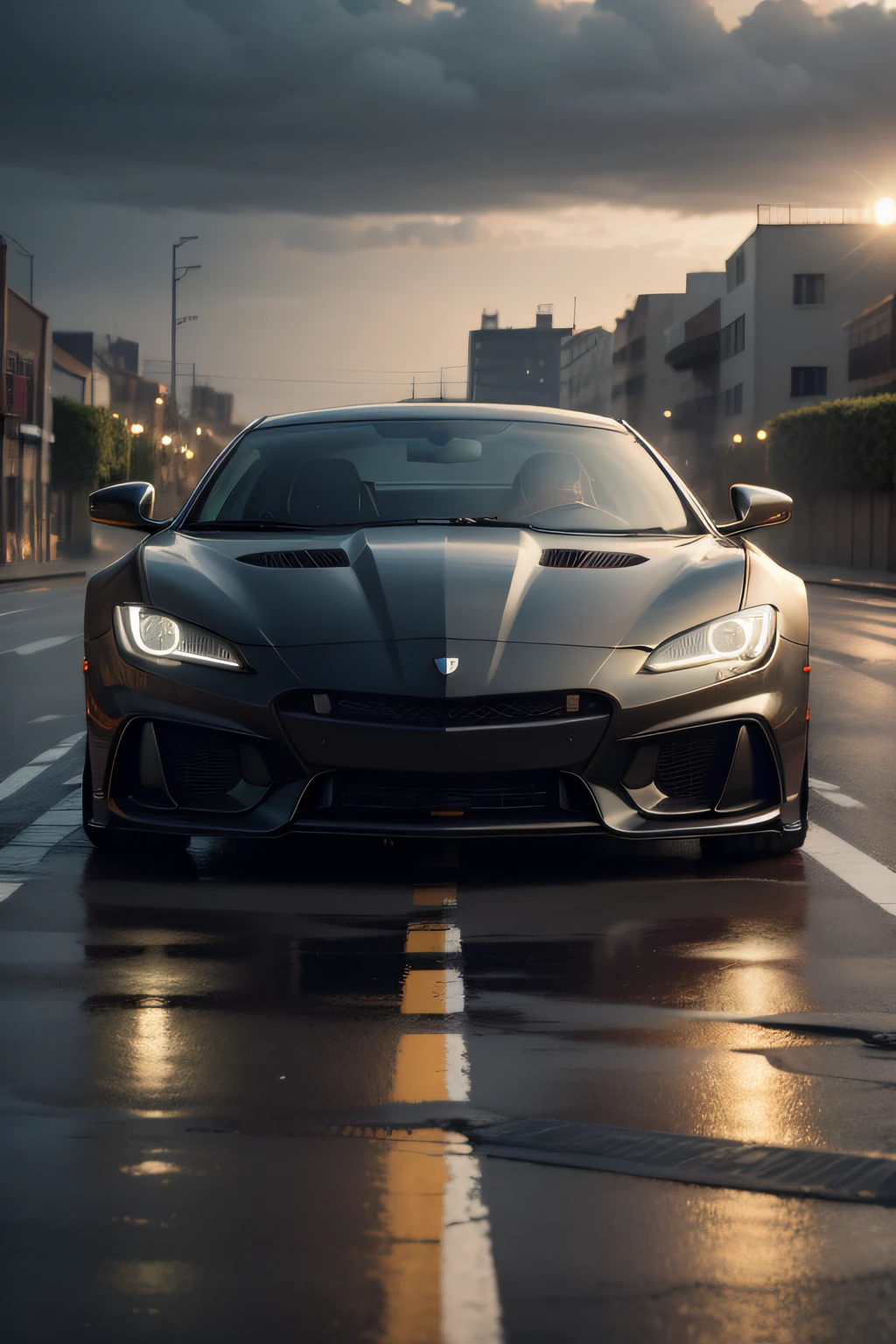 The 8K photos are dark and gloomy, The Car,Sports cars,the sunset, A detailed的脸, A detailed, (with dynamism, photograph of-realistic, realisticlying, dramatics, darkly, Sharp focus, 8K), Wet floors, Reflectors, Sateen, salama, Headlights, light up,(The background is the city),(the street),Buildings,Realiy,photorealestic,((Background car factory))