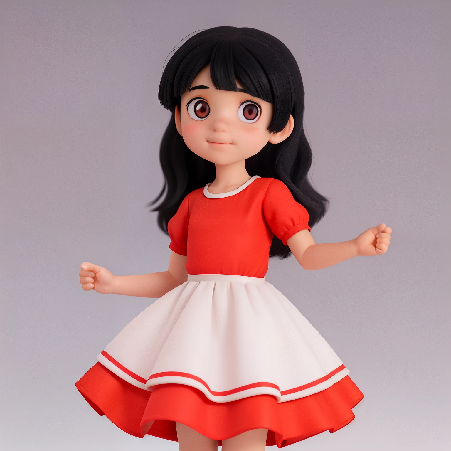 little girl of 6 years old from a children's book, in a red dress and black hair, without a backpack, without a book, without glasses, in various poses on a white background