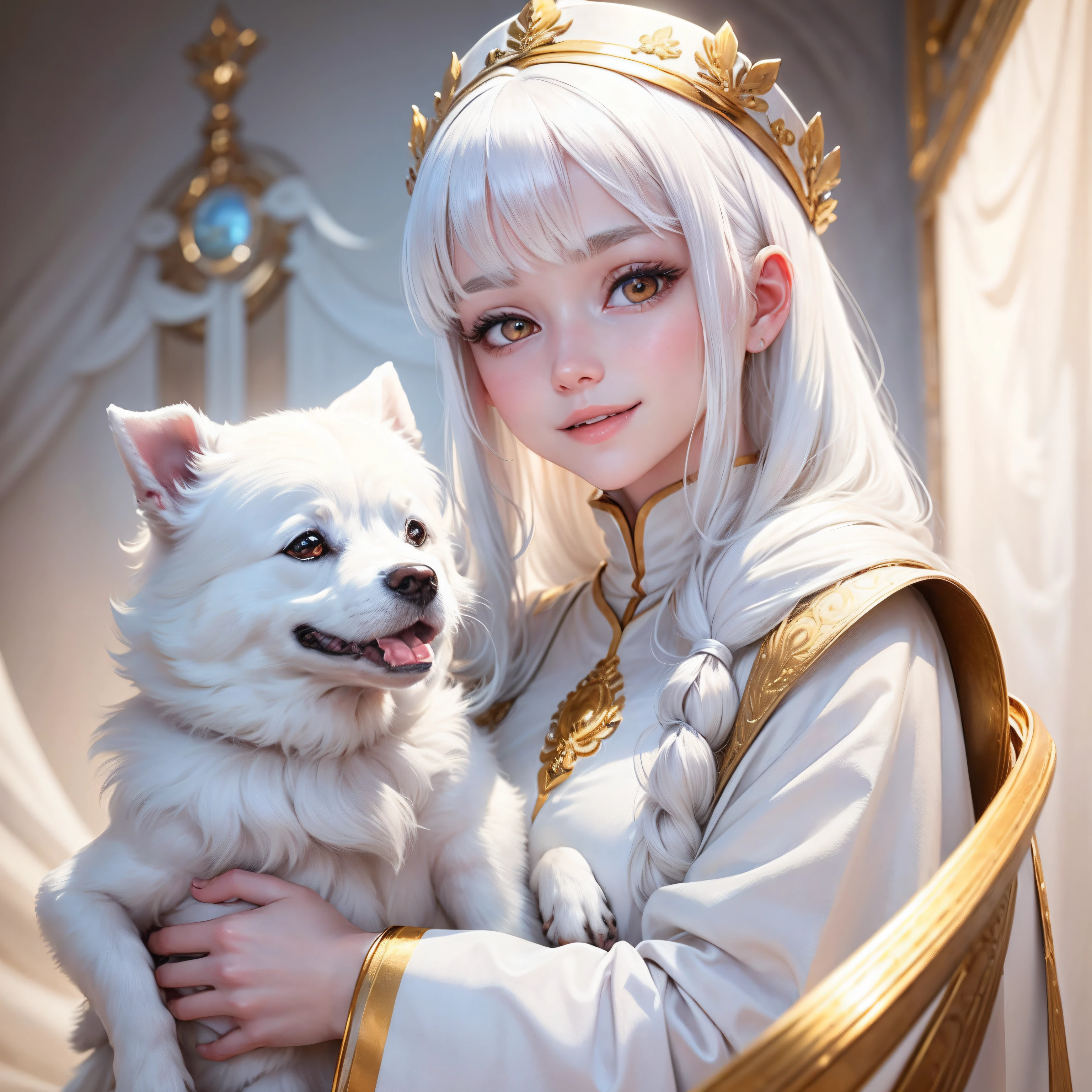 best quality, white hair, gold eyes, white clothes, looking up, upper body, hair strand, Fair skin, smiling, having baby dog